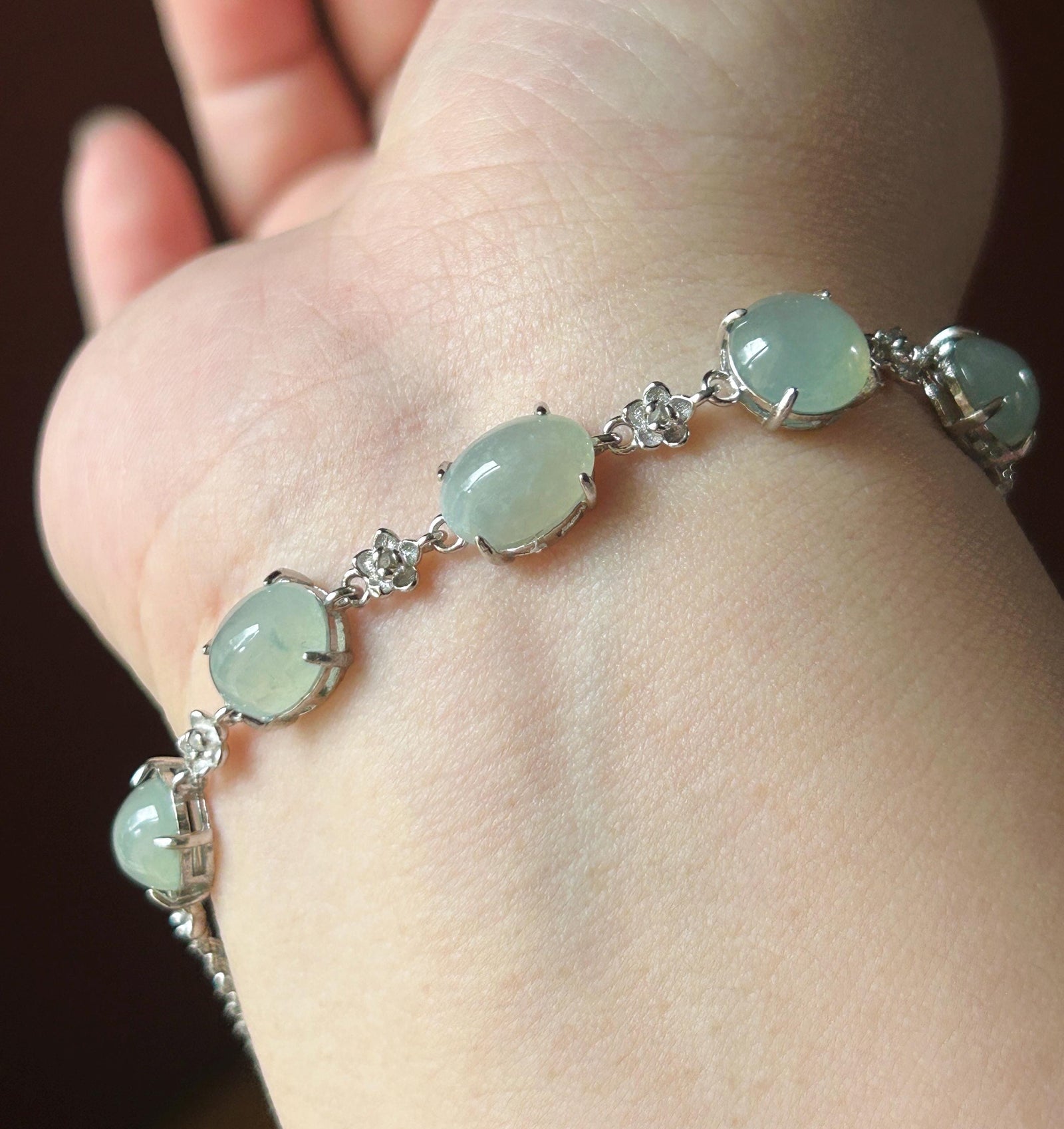 Natural Jadeite Cabochon Bracelet, Burmese Type A Icy Translucent Grayish Soft Blue/Green Jade in 925 Sterling Silver