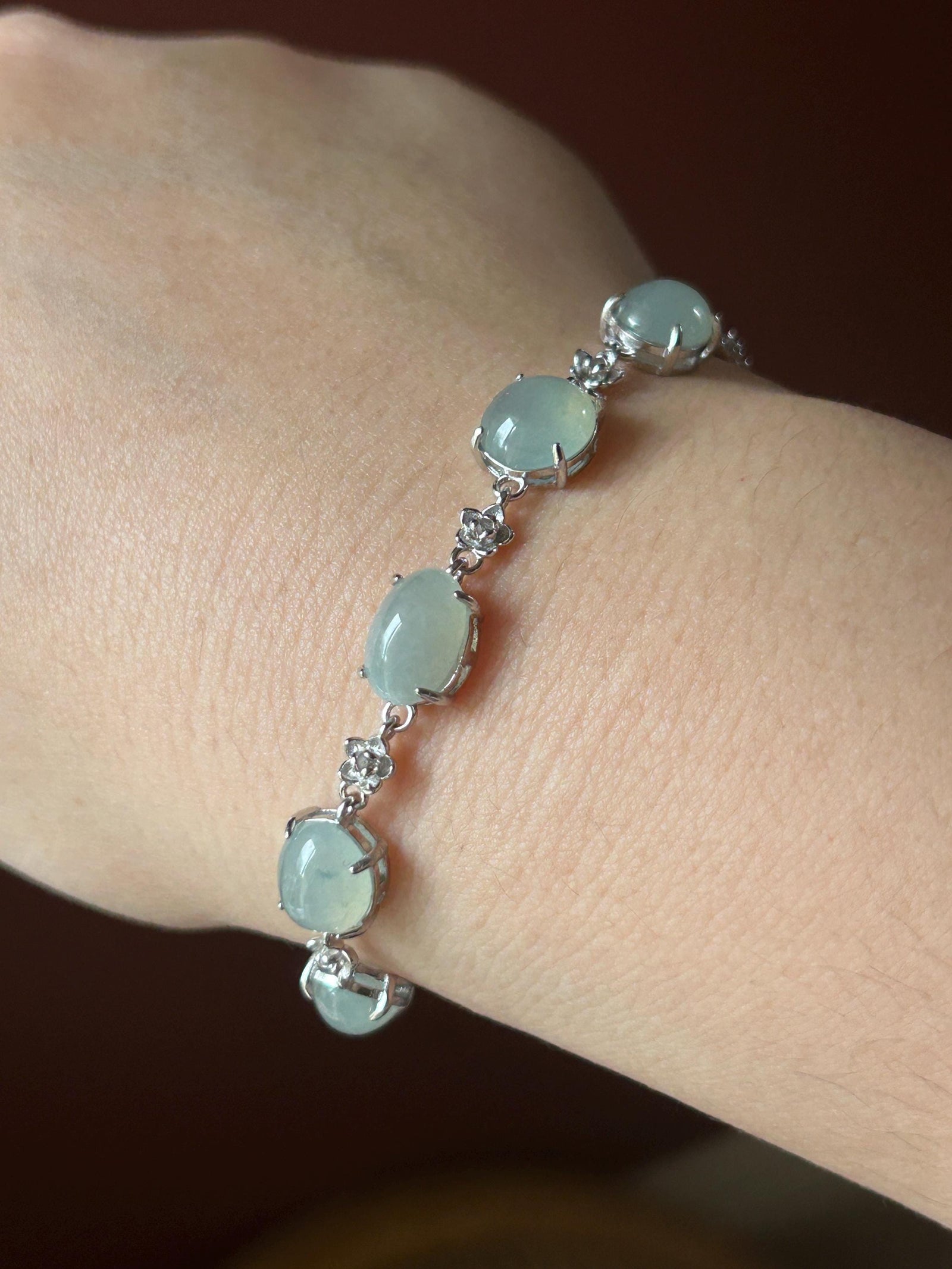 Natural Jadeite Cabochon Bracelet, Burmese Type A Icy Translucent Grayish Soft Blue/Green Jade in 925 Sterling Silver