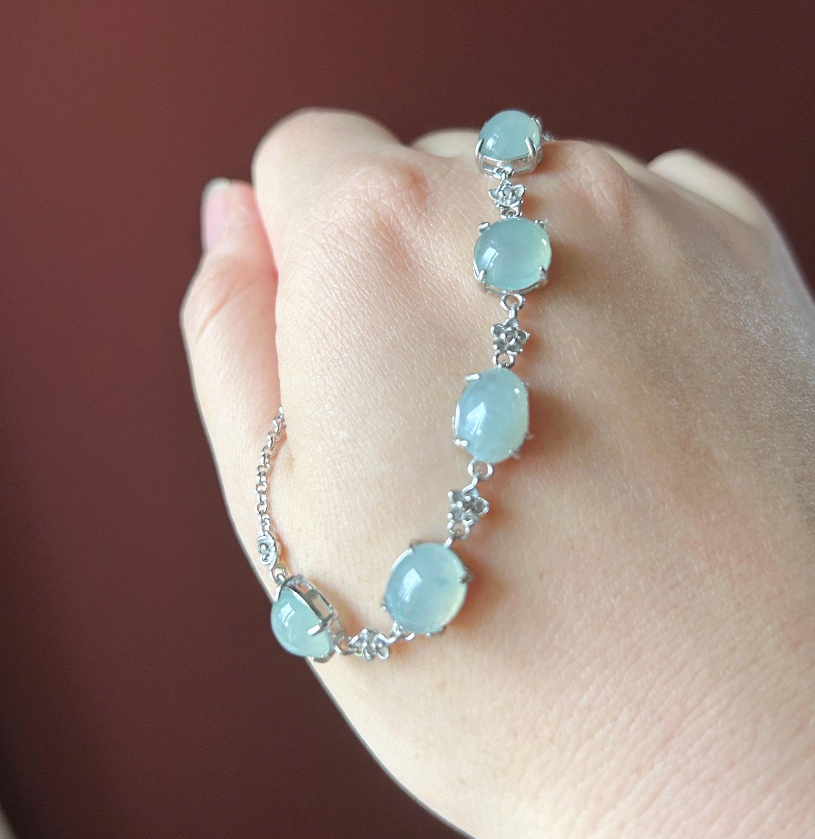 Natural Jadeite Cabochon Bracelet, Burmese Type A Icy Translucent Grayish Soft Blue/Green Jade in 925 Sterling Silver