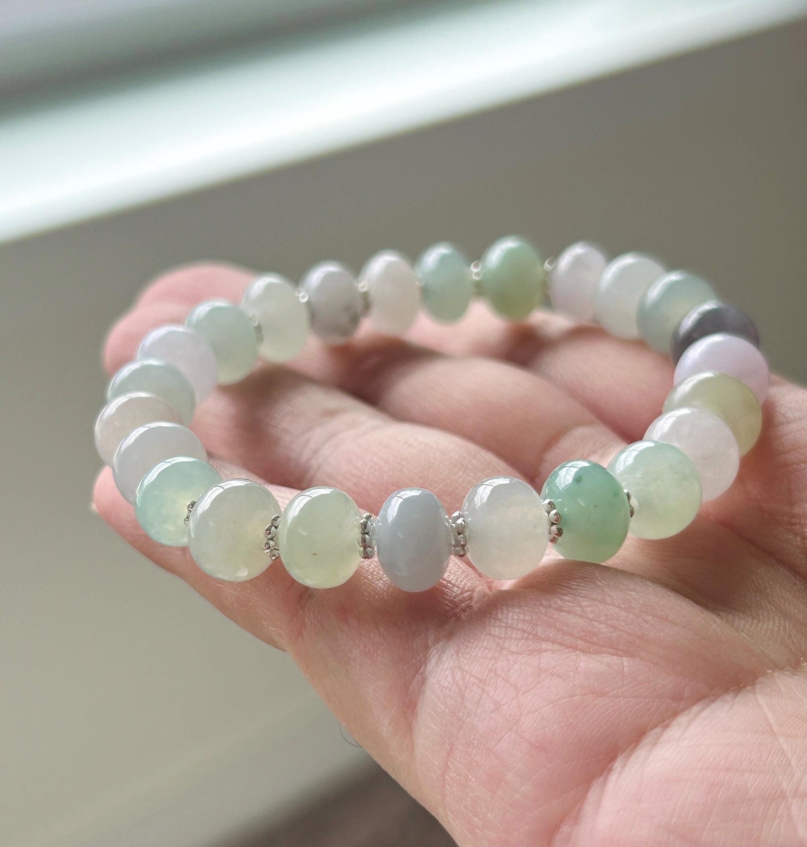 Natural Jadeite Beaded Bracelet: High-End Burmese Type A Highly Translucent Icy Pastel Multicolor 9mm Jade Mothers Day Gift