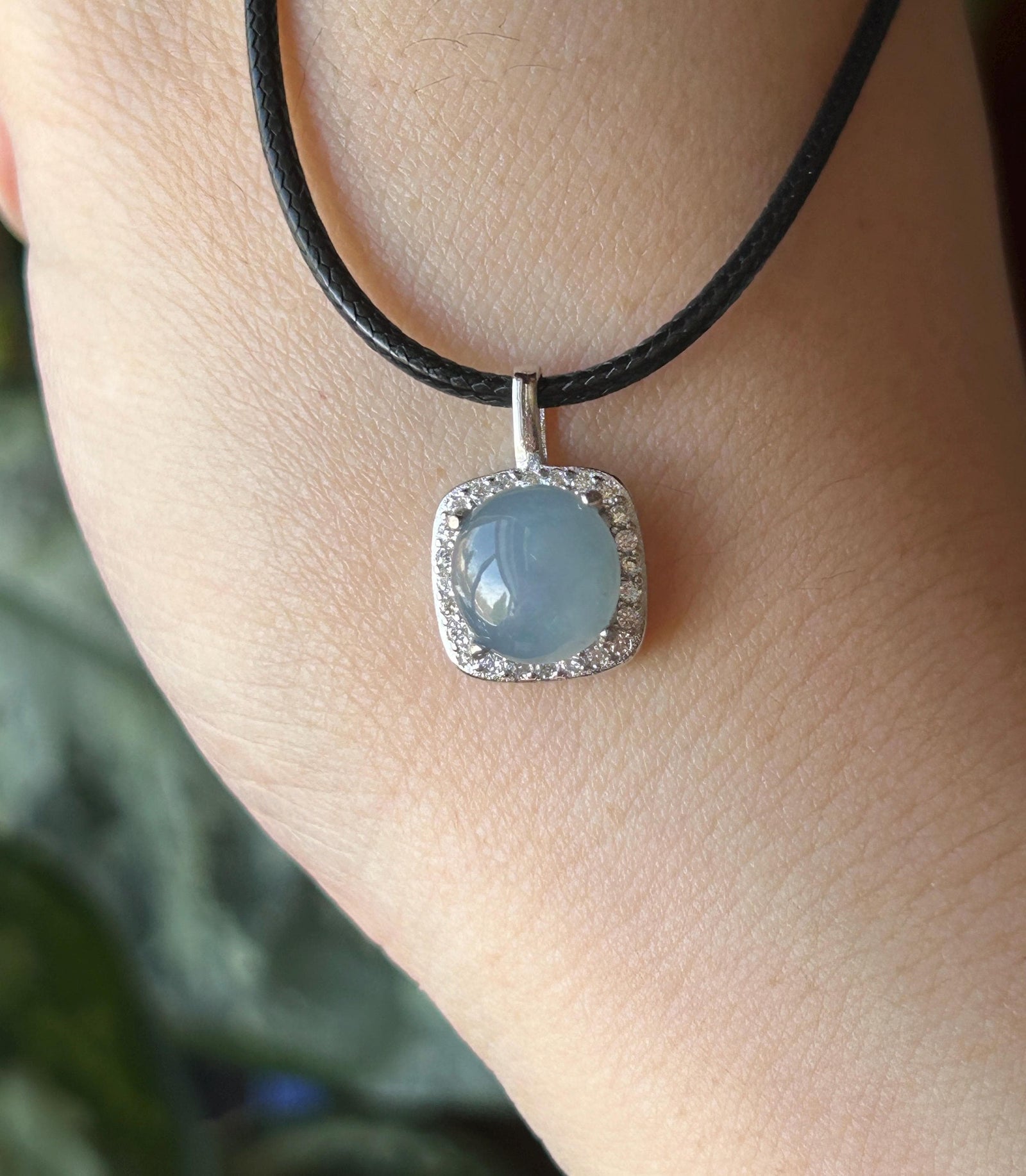 Natural Jadeite Cabochon Pendant Minimalist Jewelry Burmese Type A Highly Translucent Icy Blue Lavender Jade, 925 Sterling Silver