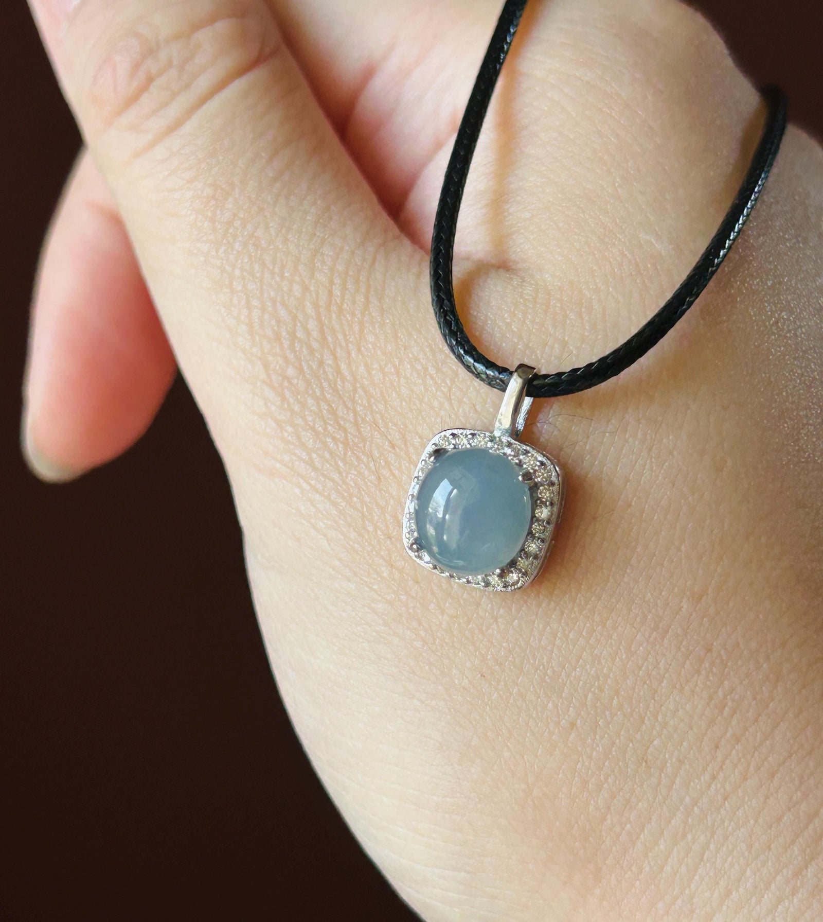 Natural Jadeite Cabochon Pendant Minimalist Jewelry Burmese Type A Highly Translucent Icy Blue Lavender Jade, 925 Sterling Silver