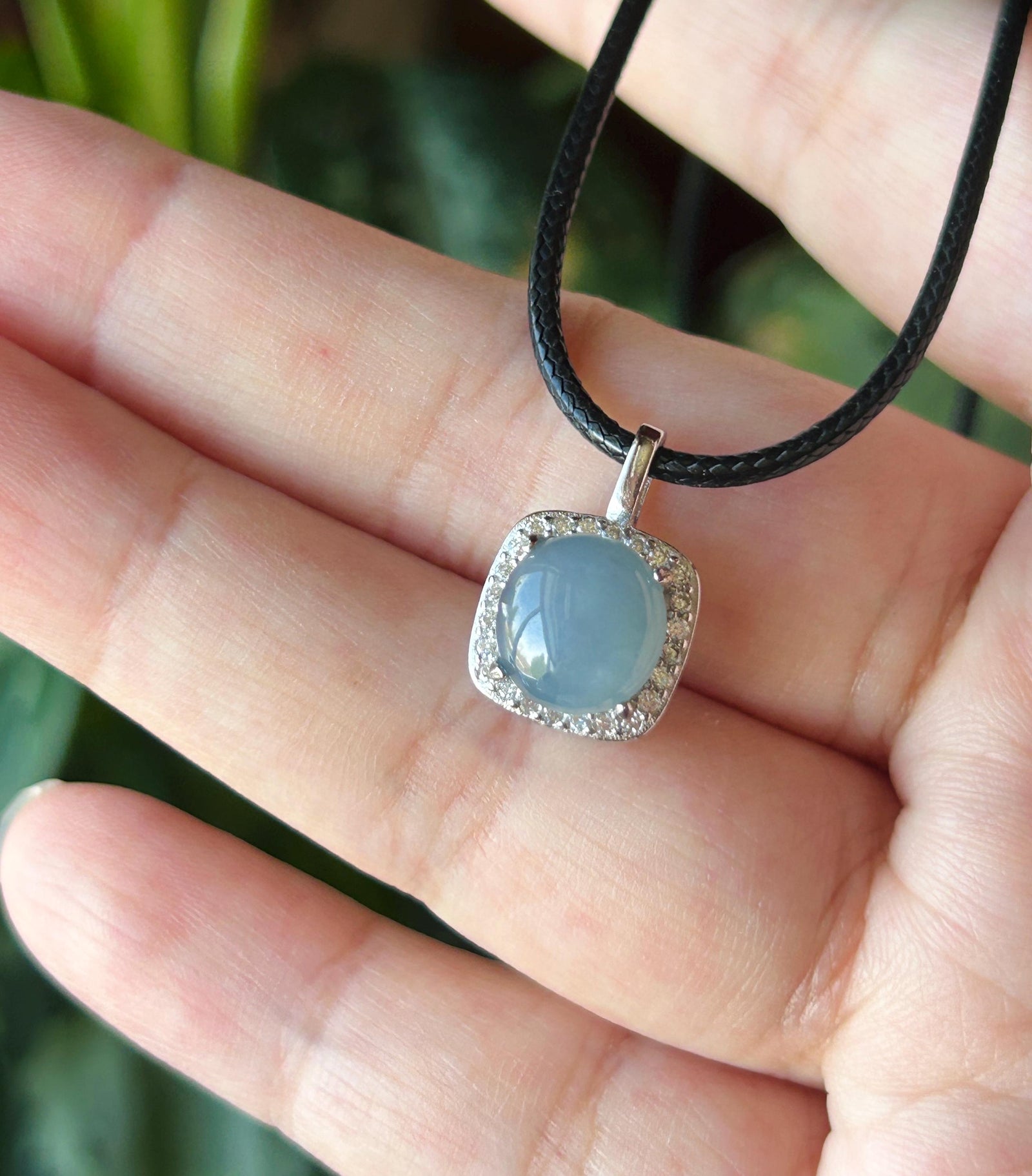 Natural Jadeite Cabochon Pendant Minimalist Jewelry Burmese Type A Highly Translucent Icy Blue Lavender Jade, 925 Sterling Silver