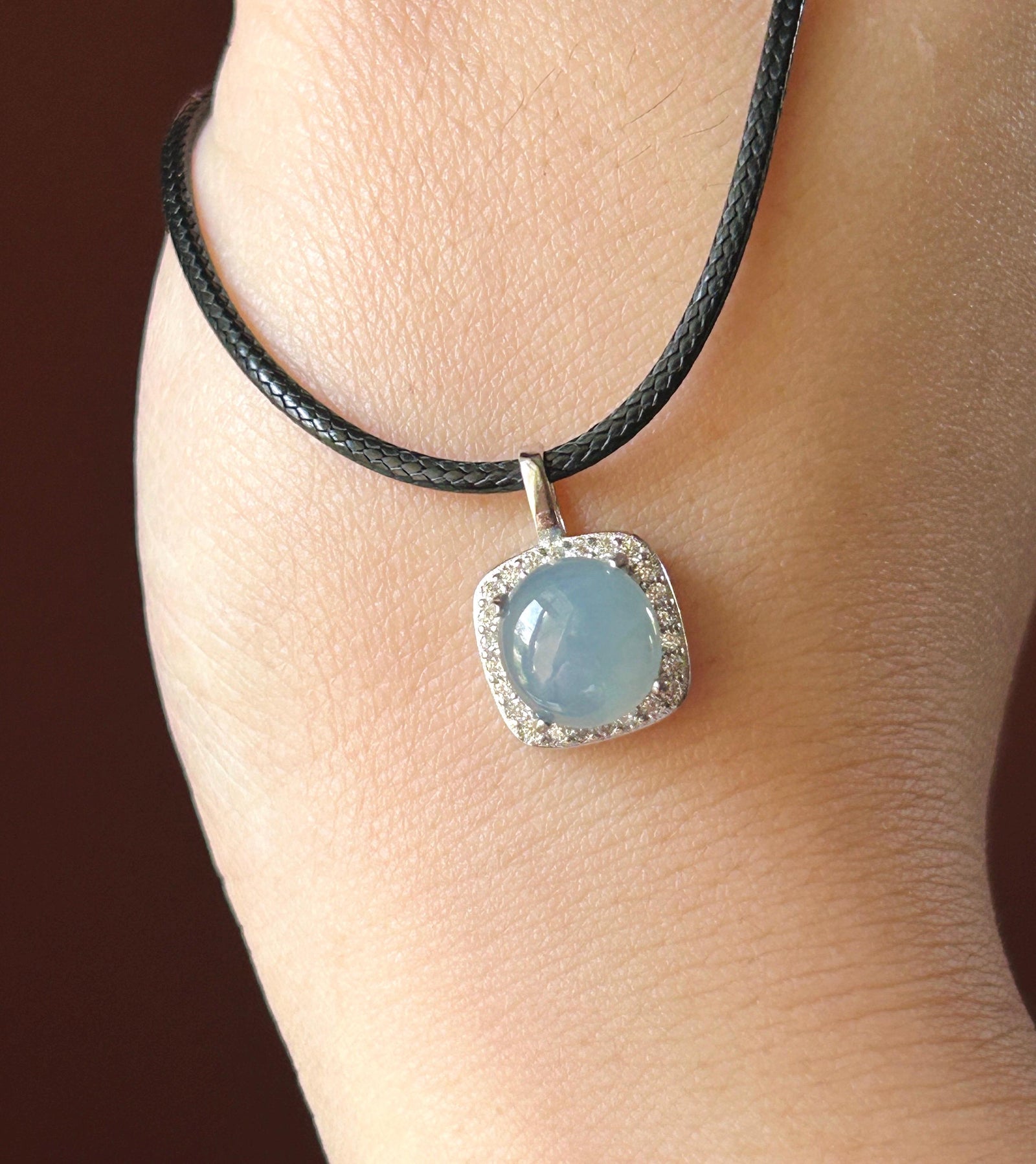 Natural Jadeite Cabochon Pendant Minimalist Jewelry Burmese Type A Highly Translucent Icy Blue Lavender Jade, 925 Sterling Silver