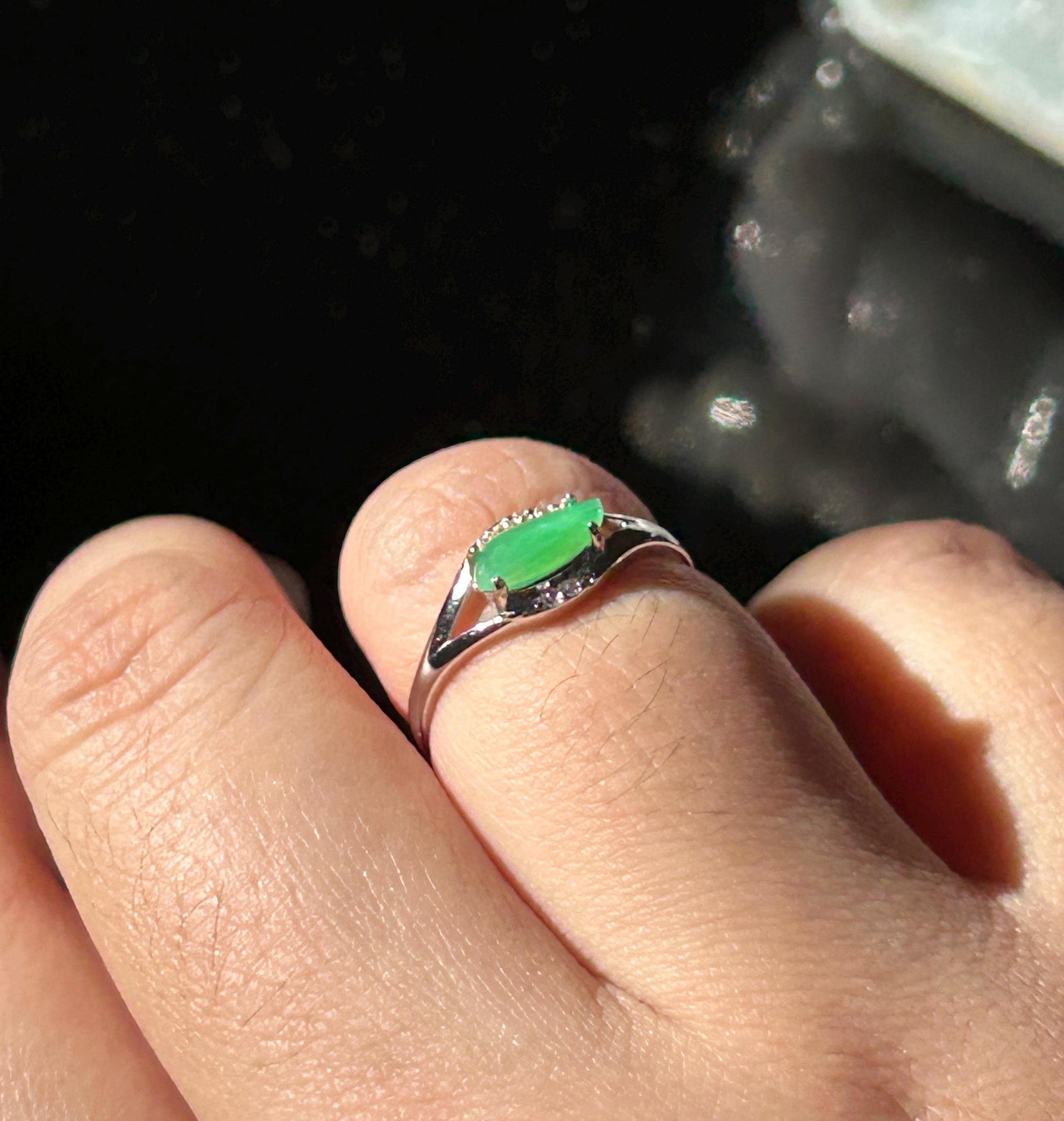 Natural Jadeite Marquise Cabochon Ring Burmese Type A fine glutinous Vivid Apple Green Jade | Sterling Silver