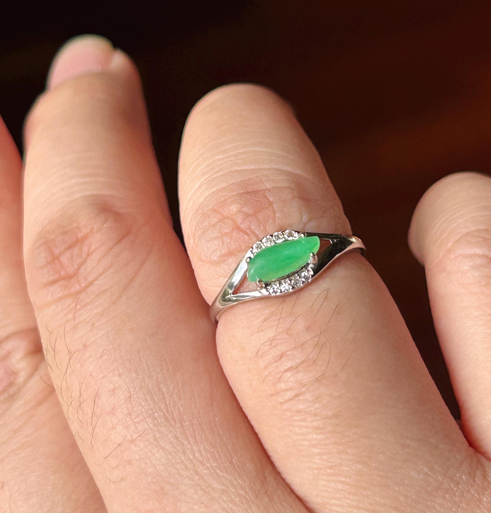 Natural Jadeite Marquise Cabochon Ring Burmese Type A fine glutinous Vivid Apple Green Jade | Sterling Silver