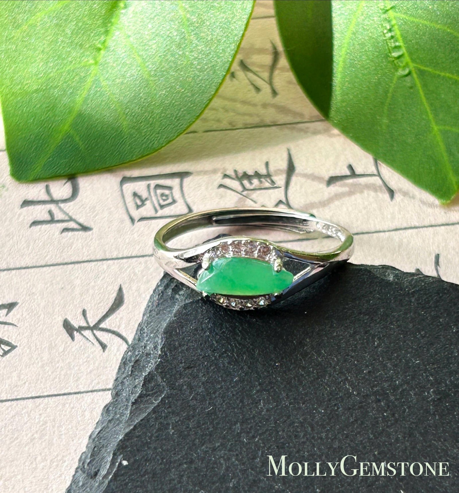 Natural Jadeite Marquise Cabochon Ring Burmese Type A fine glutinous Vivid Apple Green Jade | Sterling Silver