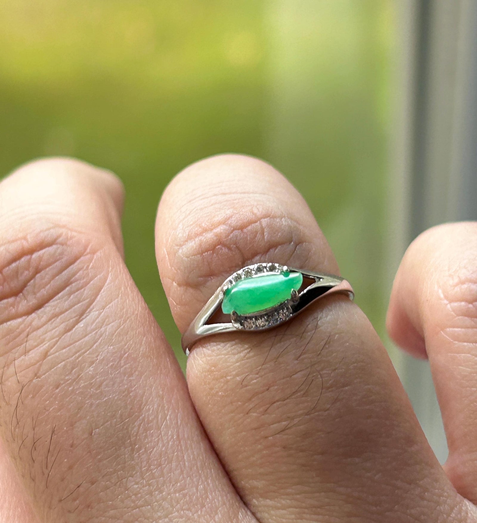 Natural Jadeite Marquise Cabochon Ring Burmese Type A fine glutinous Vivid Apple Green Jade | Sterling Silver