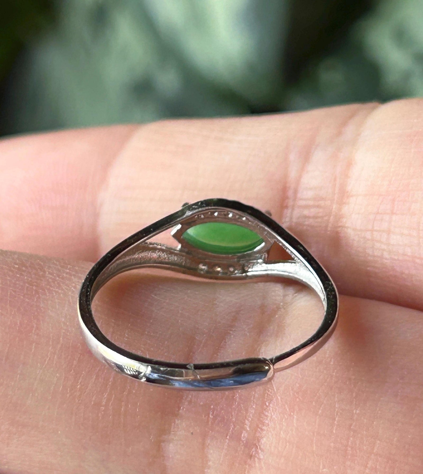 Natural Jadeite Marquise Cabochon Ring Burmese Type A fine glutinous Vivid Apple Green Jade | Sterling Silver