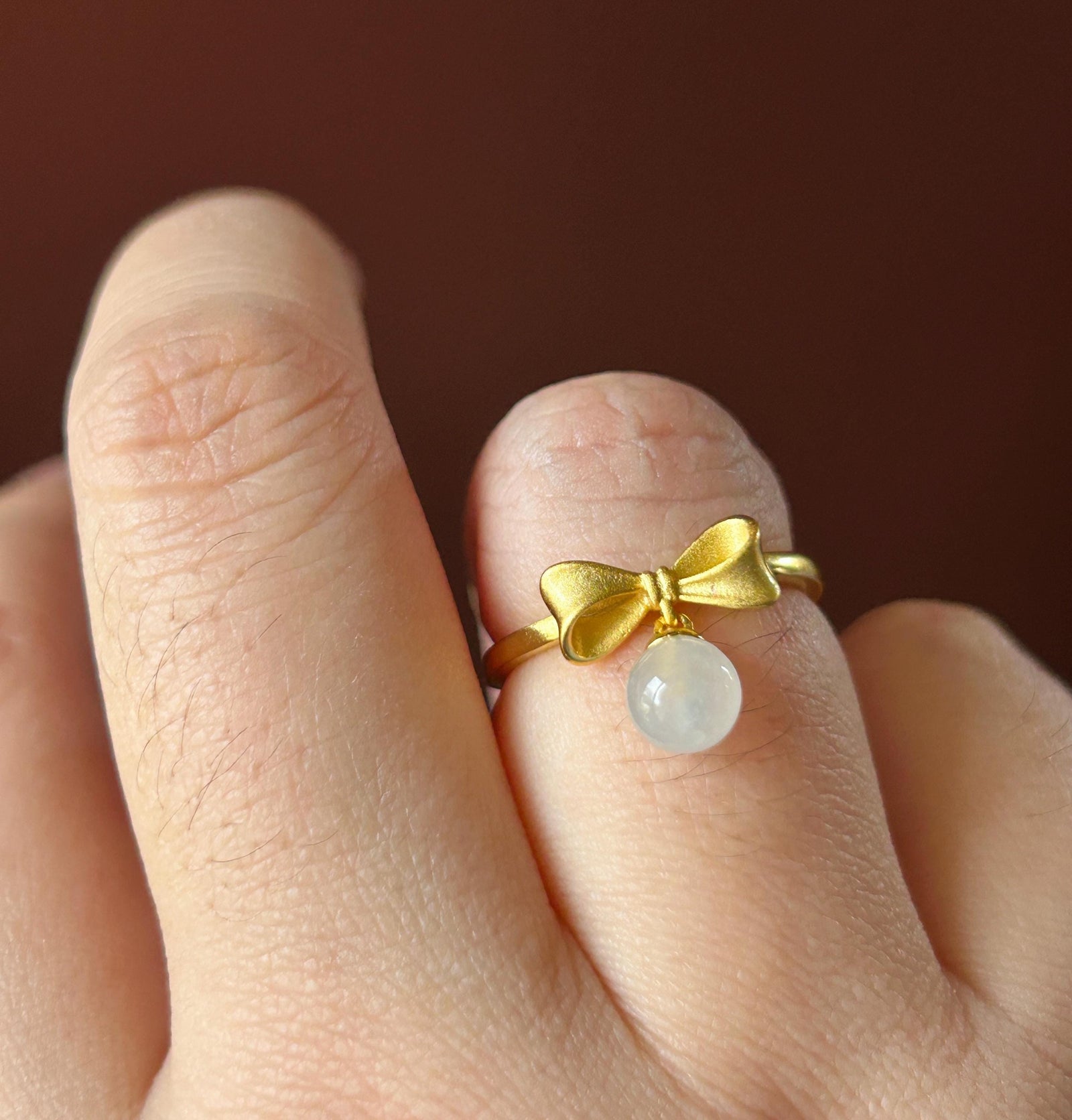 Natural Jadeite Ring Mother’s Day Gift Burmese Type A Highly Translucent Icy White Jade 6mm | Bow Style 18k Gold Filled Sterling Silver