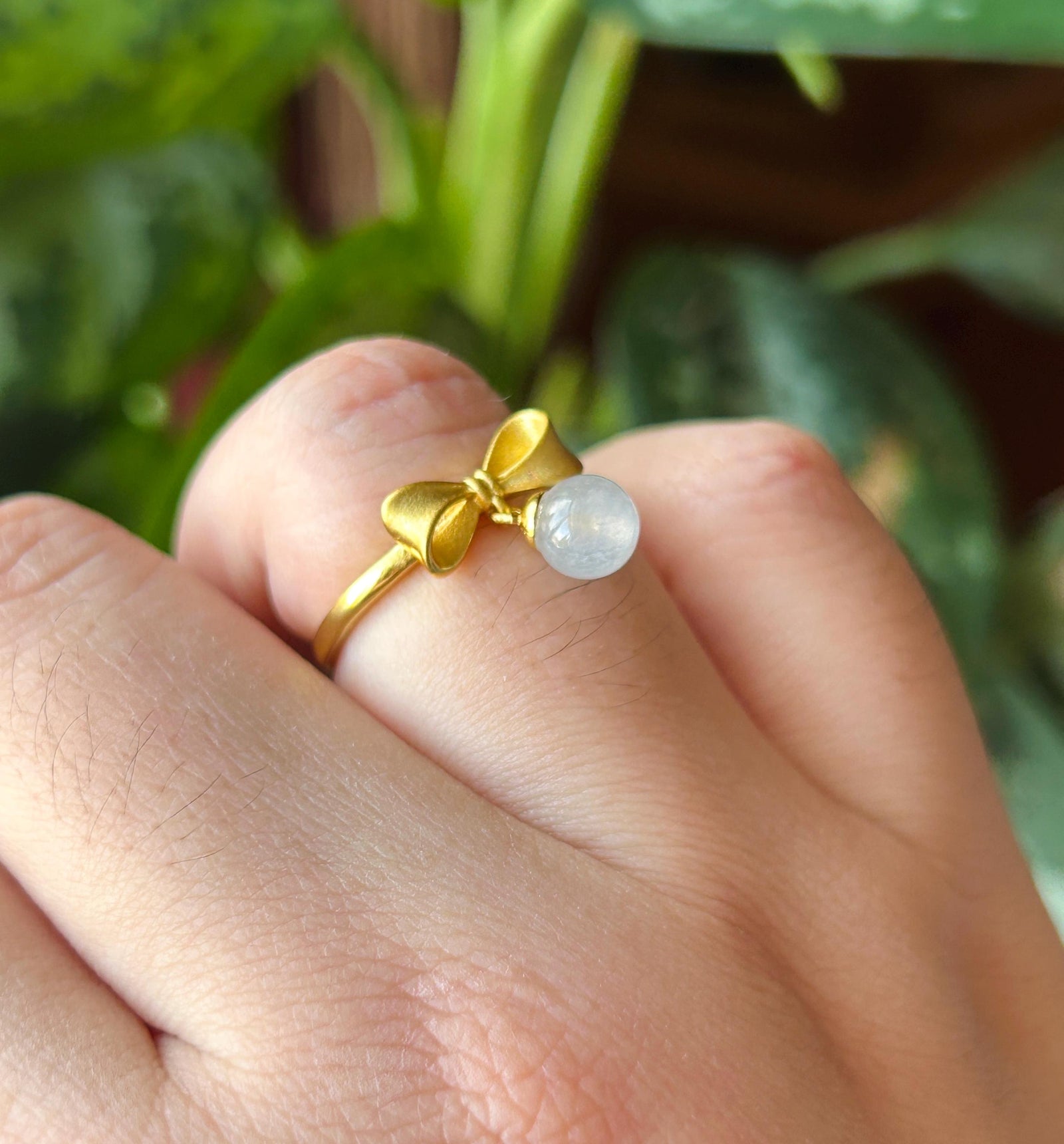 Natural Jadeite Ring Mother’s Day Gift Burmese Type A Highly Translucent Icy White Jade 6mm | Bow Style 18k Gold Filled Sterling Silver