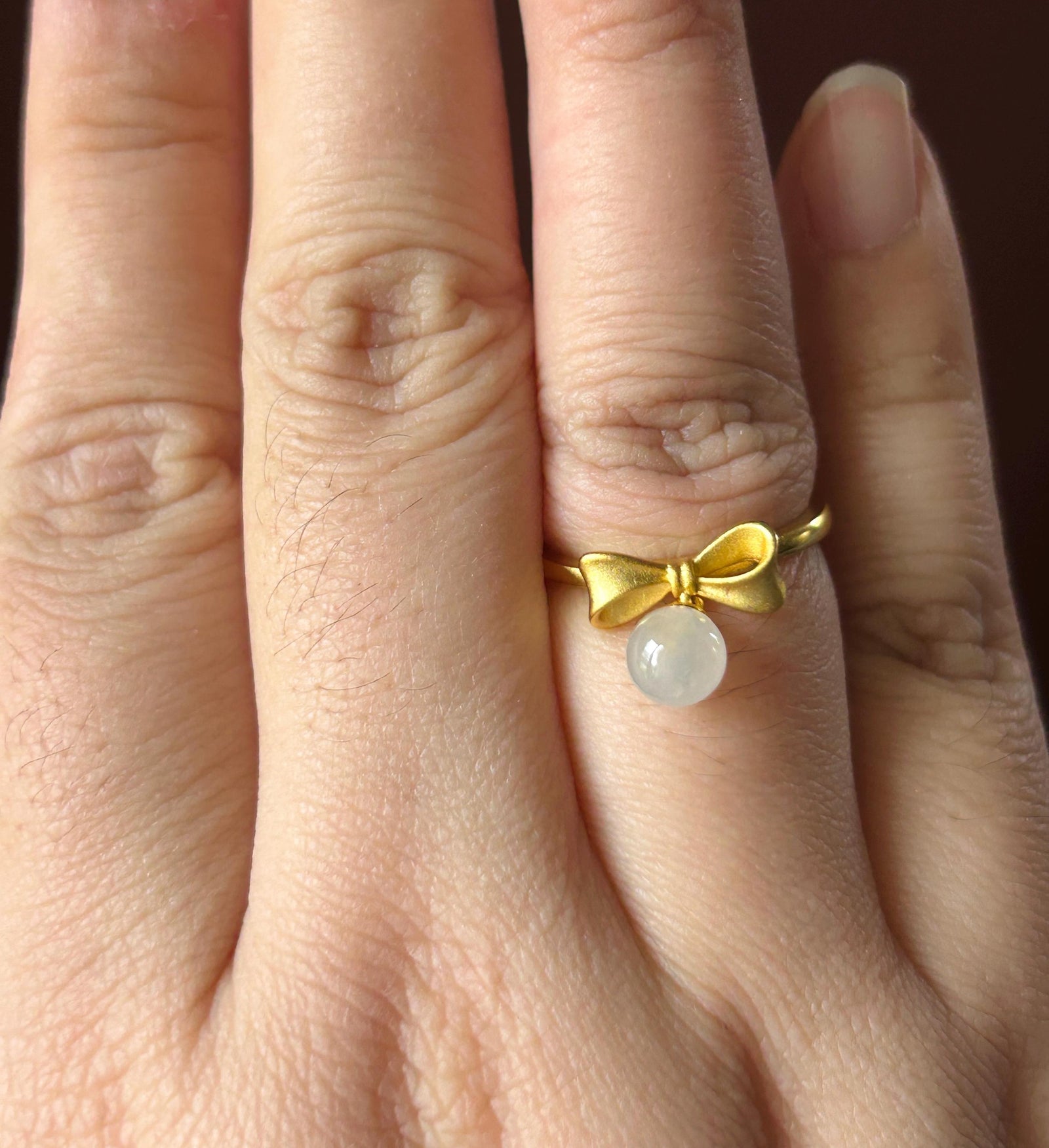 Natural Jadeite Ring Mother’s Day Gift Burmese Type A Highly Translucent Icy White Jade 6mm | Bow Style 18k Gold Filled Sterling Silver
