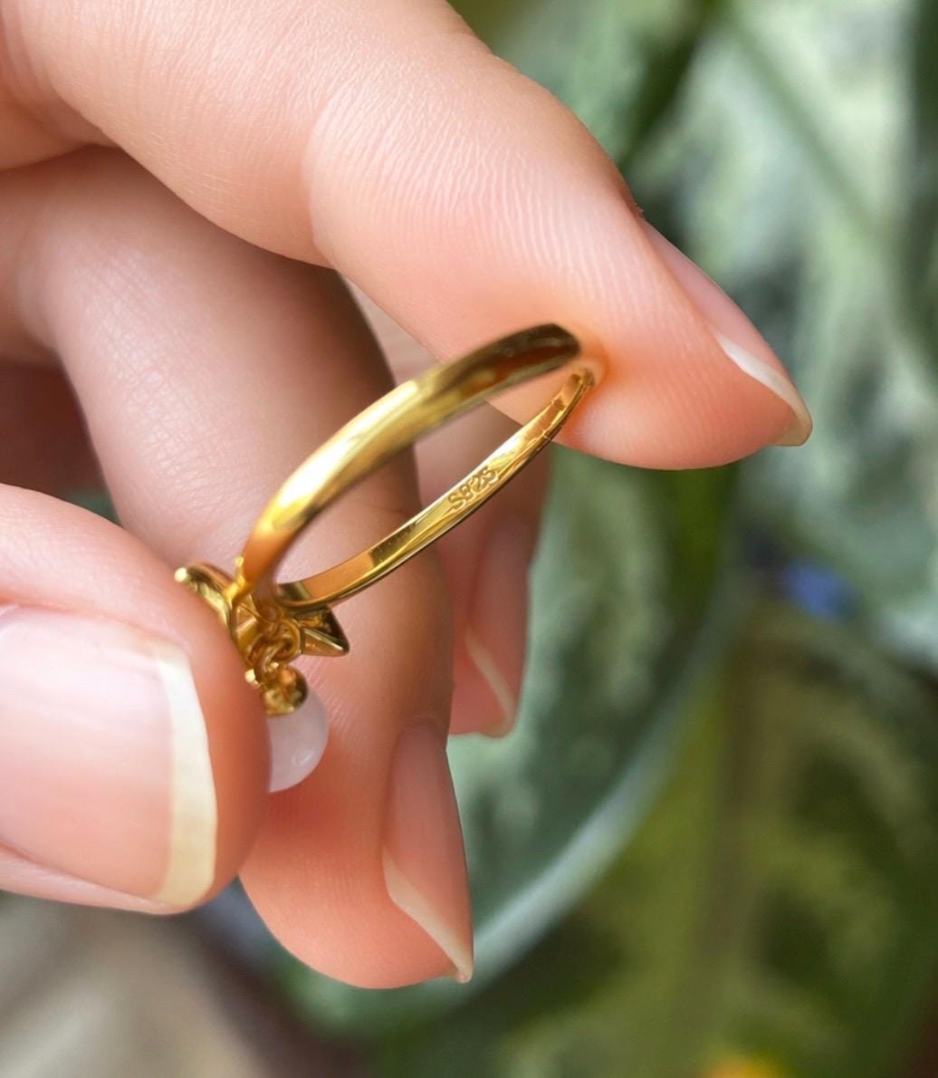 Natural Jadeite Ring Mother’s Day Gift Burmese Type A Highly Translucent Icy White Jade 6mm | Bow Style 18k Gold Filled Sterling Silver