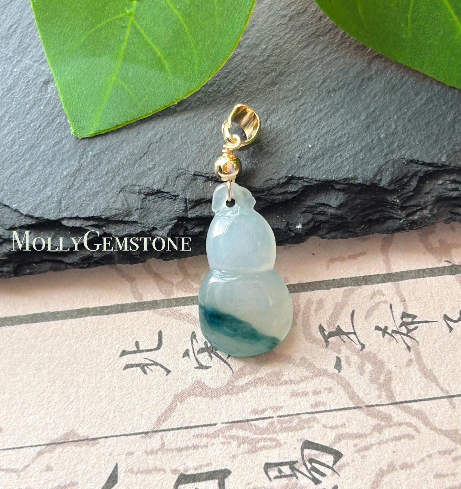 Natural Jadeite Gourd(Hulu) Pendant Burmese Type A Highly Translucent Icy White Base Blue Floral Jade Mother’s Day Gift