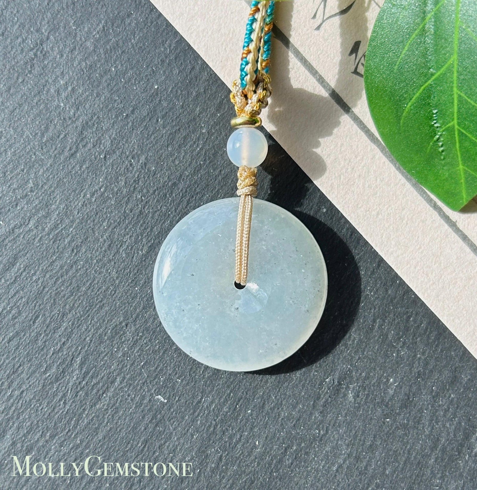 Certified Natural Jadeite Lucky Donut Pendant Handwoven Necklace Burmese Type A Icy Light Gray Jade PingAnKou 27 x 5.5mm
