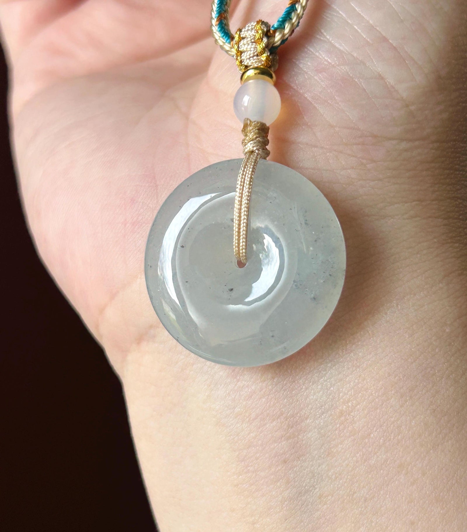 Certified Natural Jadeite Lucky Donut Pendant Handwoven Necklace Burmese Type A Icy Light Gray Jade PingAnKou 27 x 5.5mm