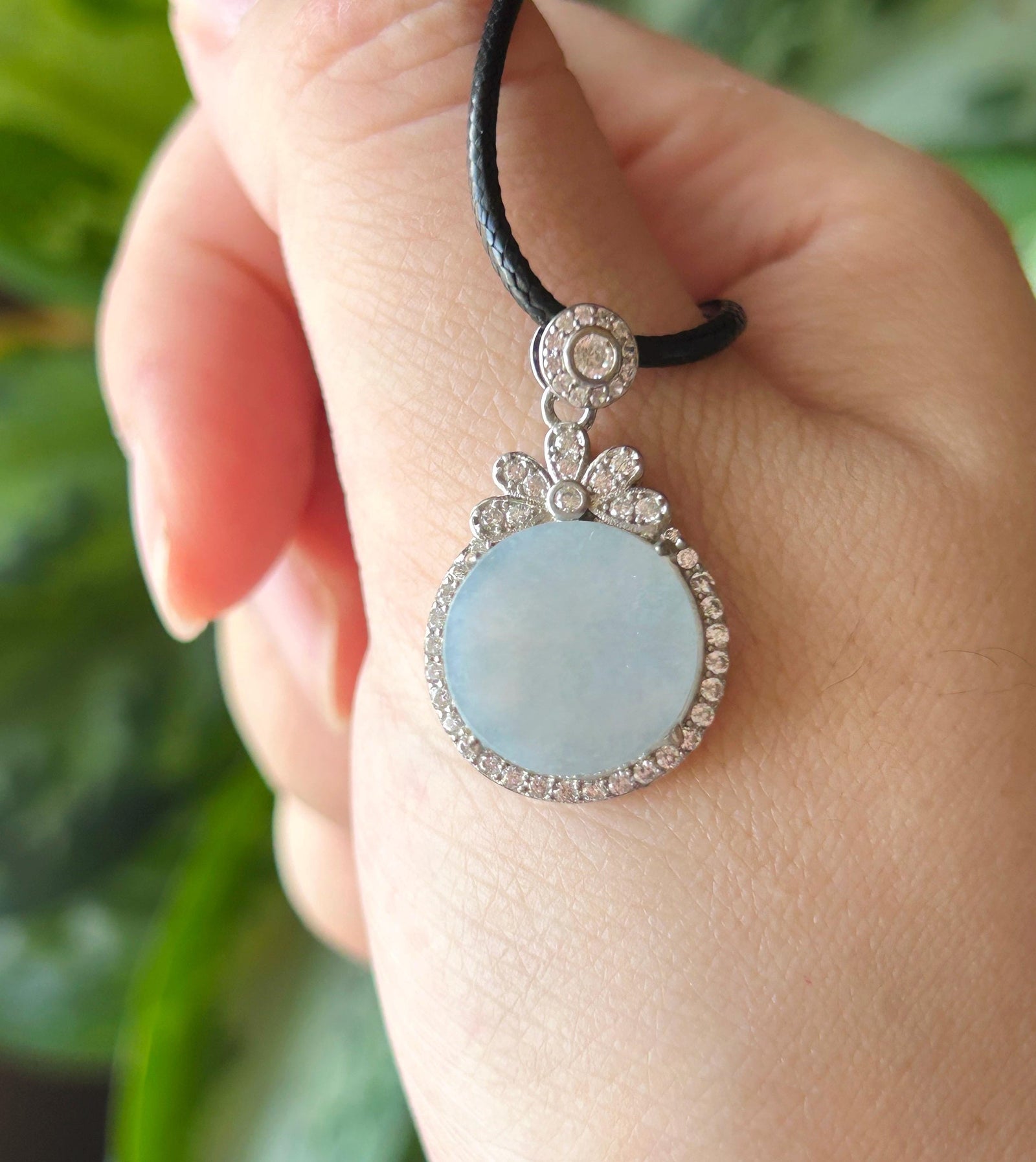 Natural Jadeite Peace Plaque Pendant Minimalist Jewelry Burmese Type A Highly Translucent Icy Blue Lavender Jade, 925 Sterling Silver
