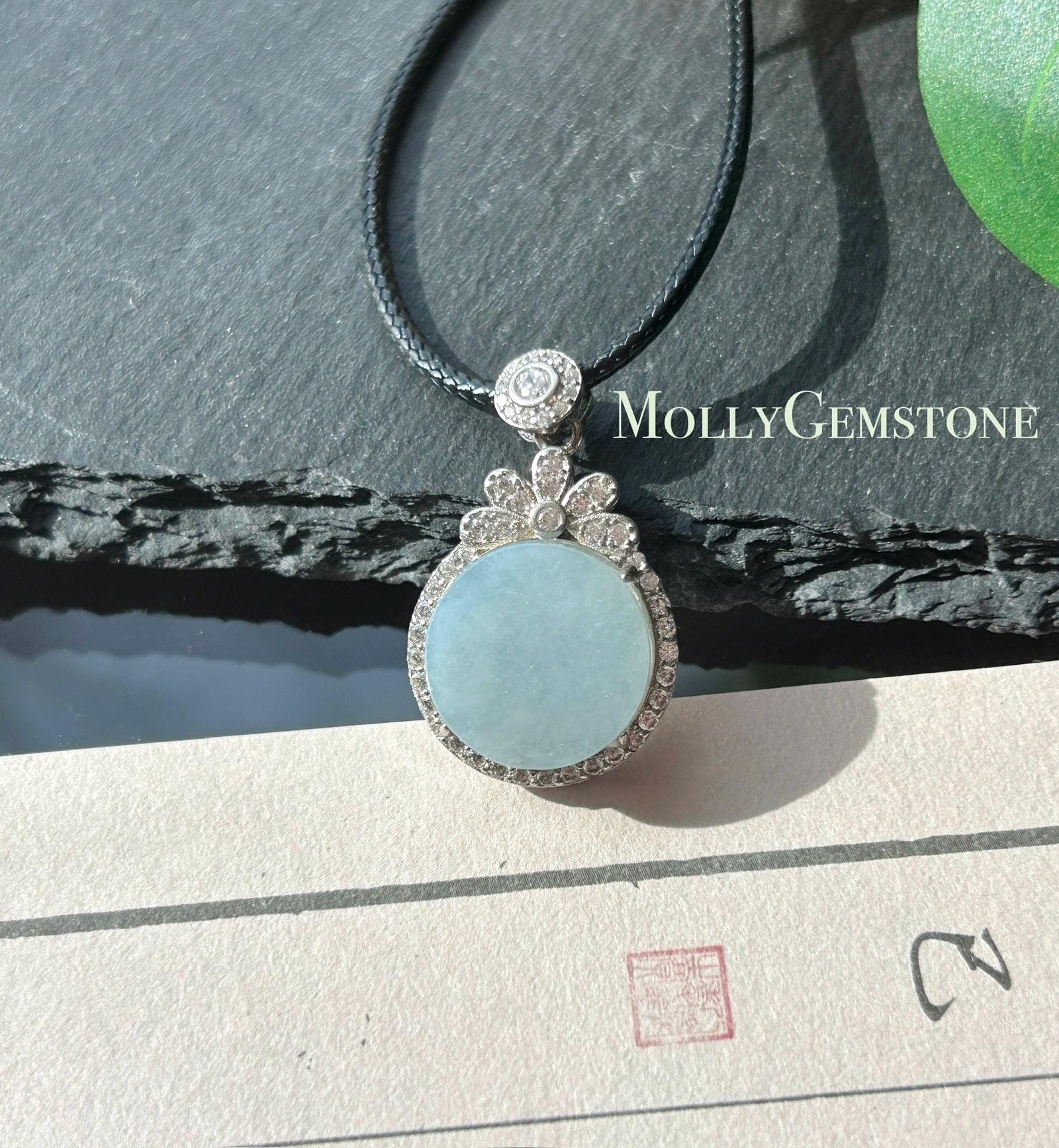 Natural Jadeite Peace Plaque Pendant Minimalist Jewelry Burmese Type A Highly Translucent Icy Blue Lavender Jade, 925 Sterling Silver
