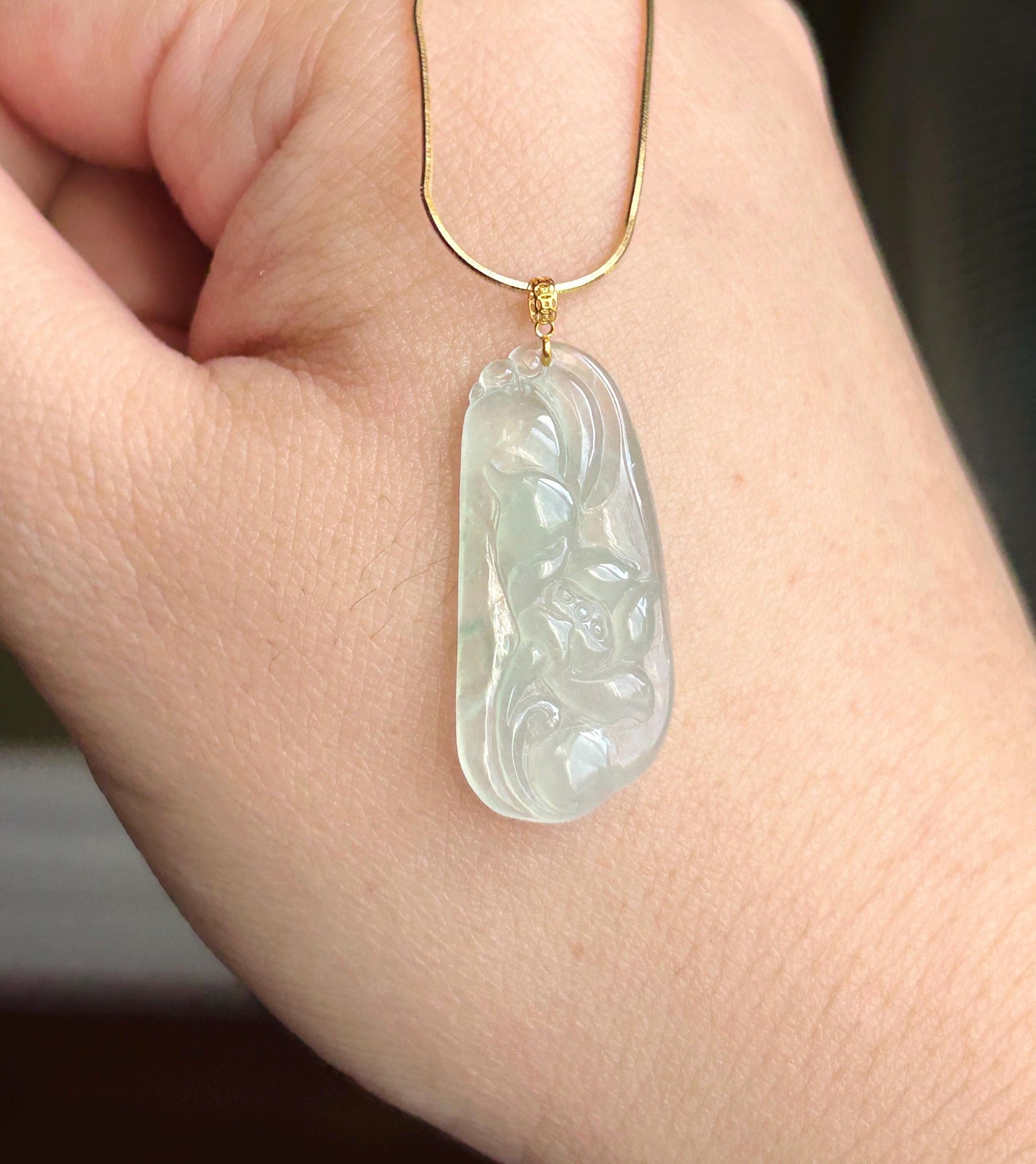 Certified Natural Jadeite Lotus Pendant Minimalist Jewelry Burmese Type A Highly Translucent Icy Light Green Jade, 18k Gold Bail