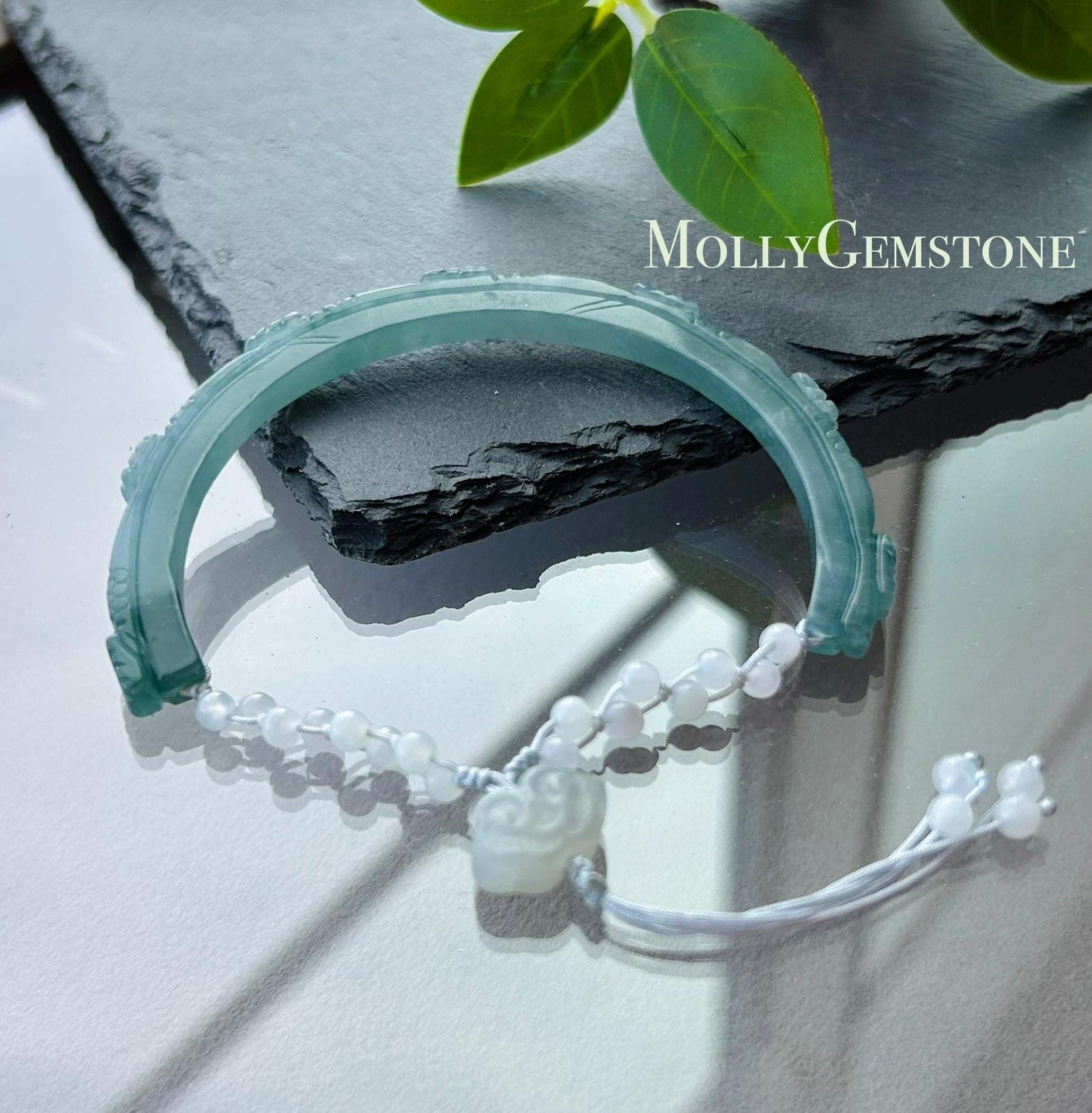 Natural Jadeite Half Bangle Bracelet, Type A Icy Blue Green Jade, Handmade Adjustable Rope Jewelry, Jade Flowers