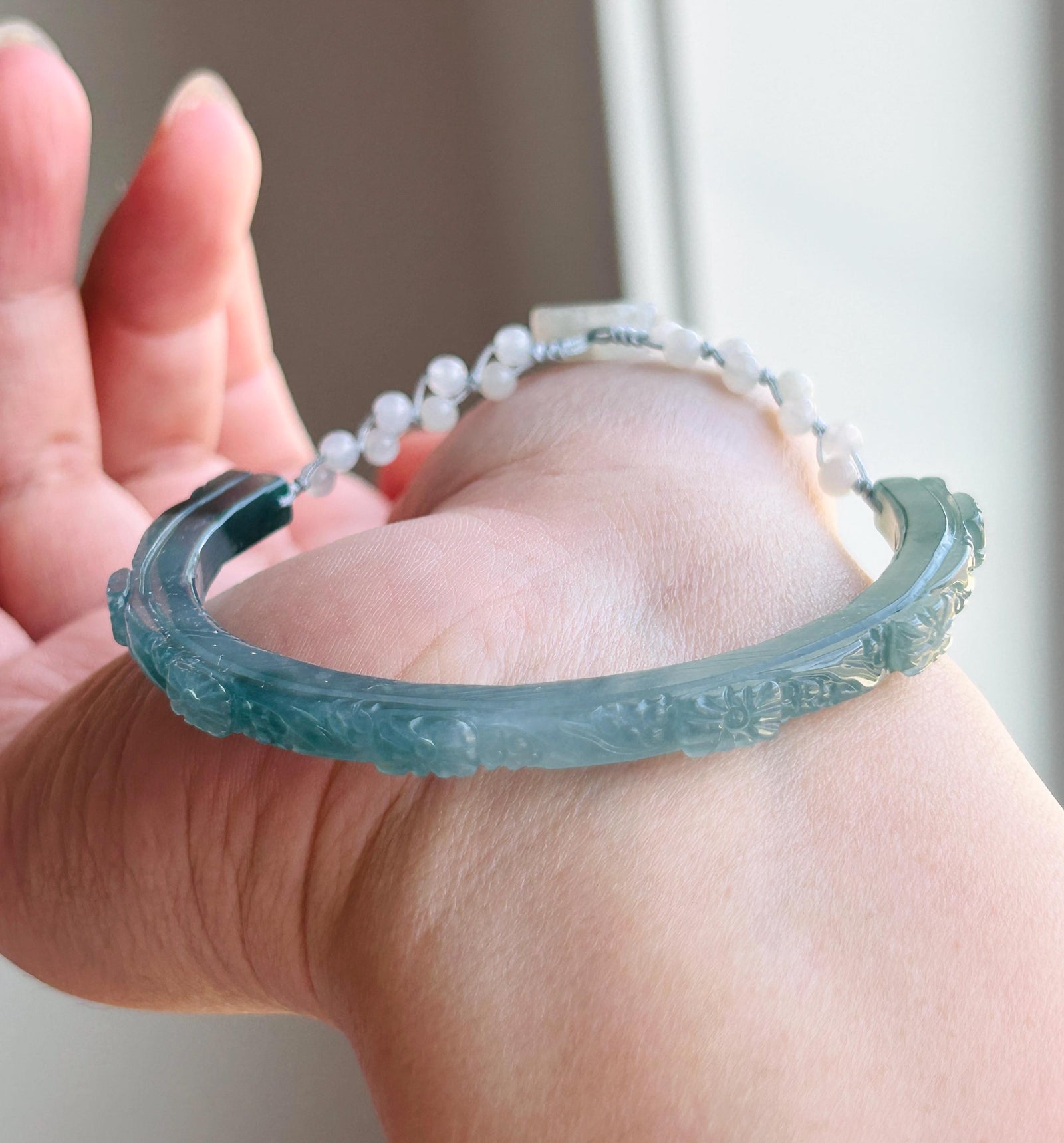 Natural Jadeite Half Bangle Bracelet, Type A Icy Blue Green Jade, Handmade Adjustable Rope Jewelry, Jade Flowers