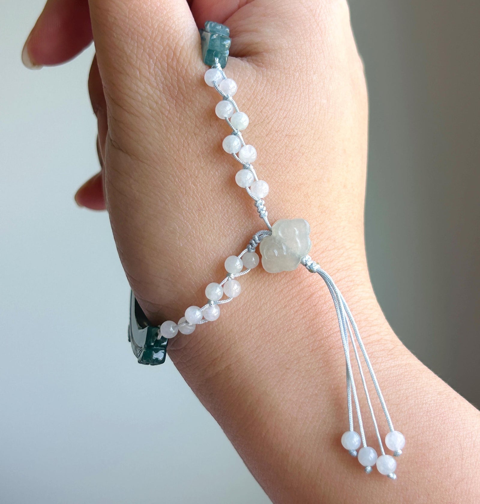 Natural Jadeite Half Bangle Bracelet, Type A Icy Blue Green Jade, Handmade Adjustable Rope Jewelry, Jade Flowers