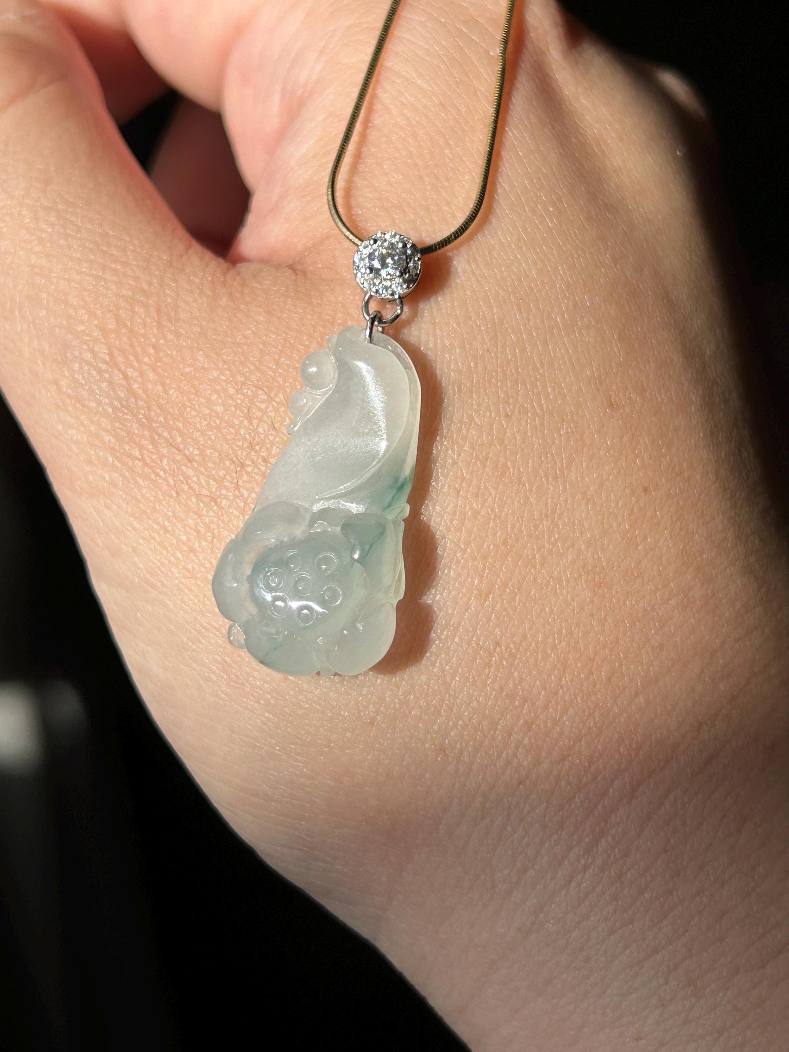Certified Natural Jadeite Lotus Pendant Minimalist Jewelry Burmese Type A Highly Translucent Icy White & Blue Floral Jade, Sterling Silver