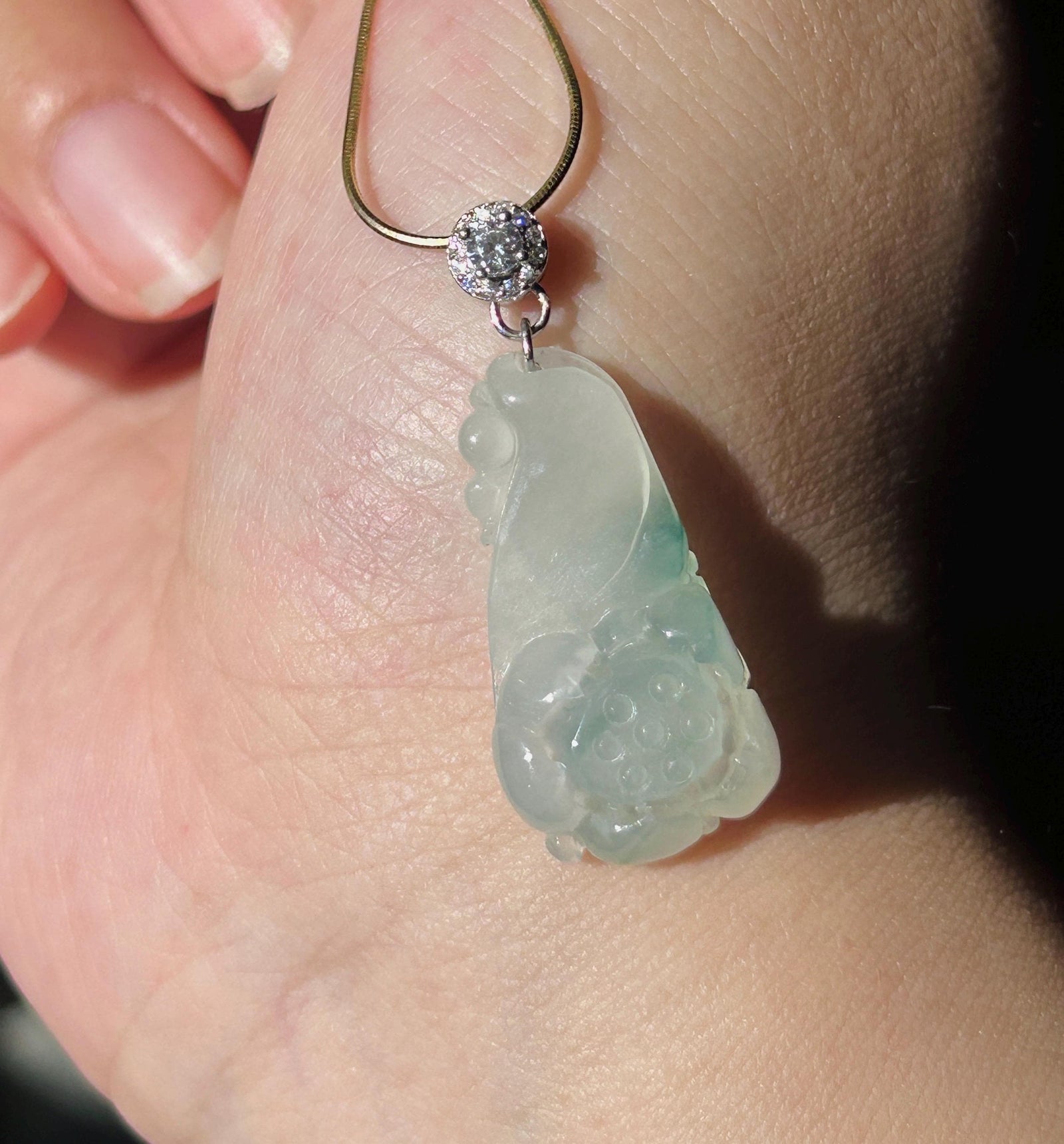 Certified Natural Jadeite Lotus Pendant Minimalist Jewelry Burmese Type A Highly Translucent Icy White & Blue Floral Jade, Sterling Silver