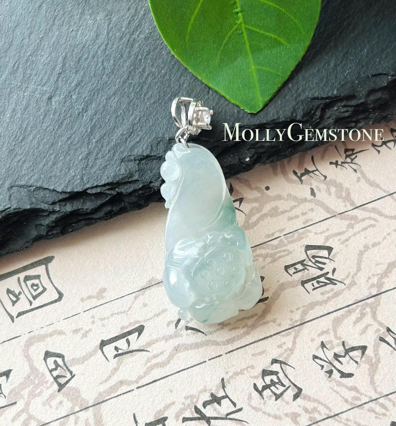 Certified Natural Jadeite Lotus Pendant Minimalist Jewelry Burmese Type A Highly Translucent Icy White & Blue Floral Jade, Sterling Silver