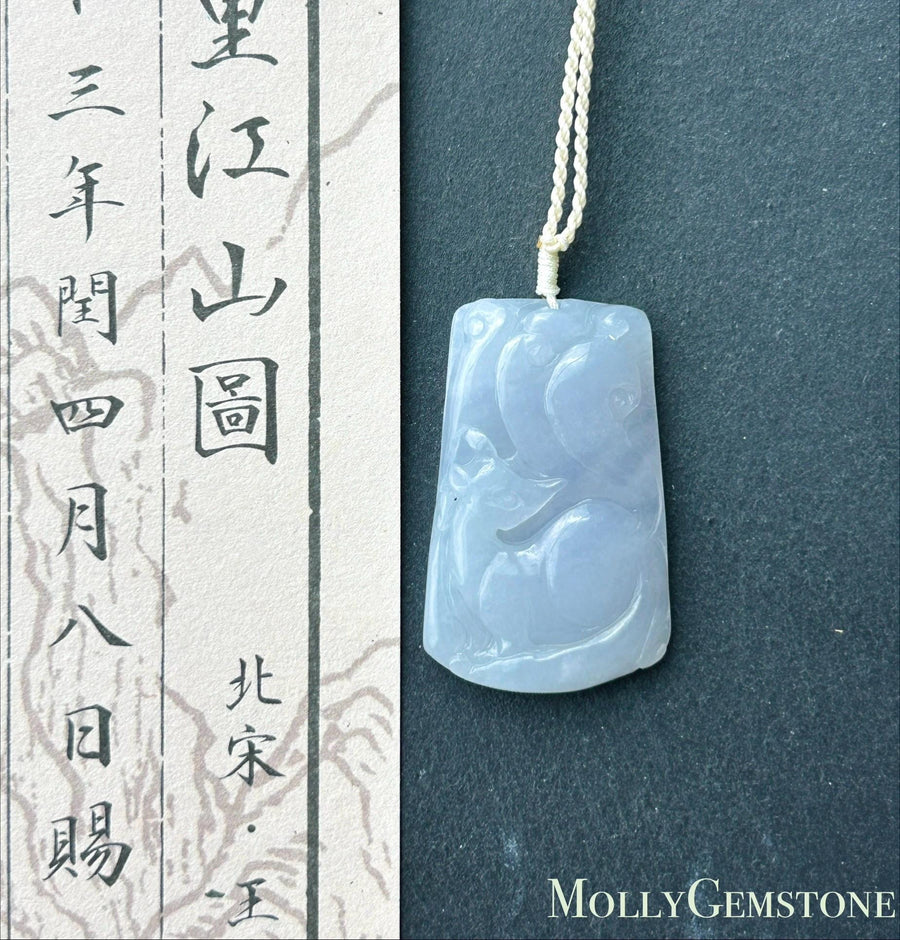 Certified Natural Jadeite Nine-Tail-Fox Pendant Handwoven Necklace Burmese Type A Icy Translucent Lavender Jade 38 x 23.6 x 6mm