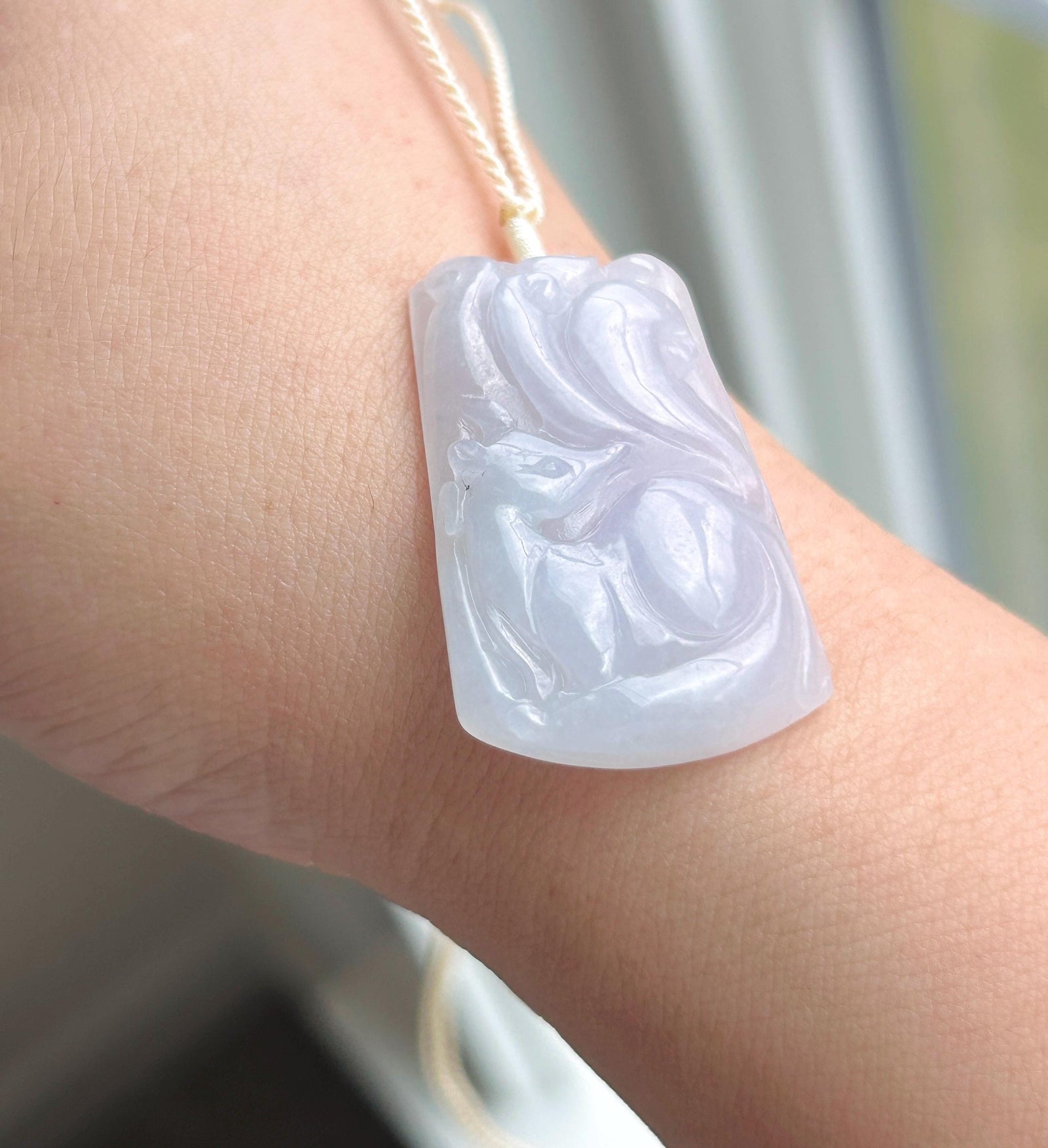 Certified Natural Jadeite Nine-Tail-Fox Pendant Handwoven Necklace Burmese Type A Icy Translucent Lavender Jade 38 x 23.6 x 6mm