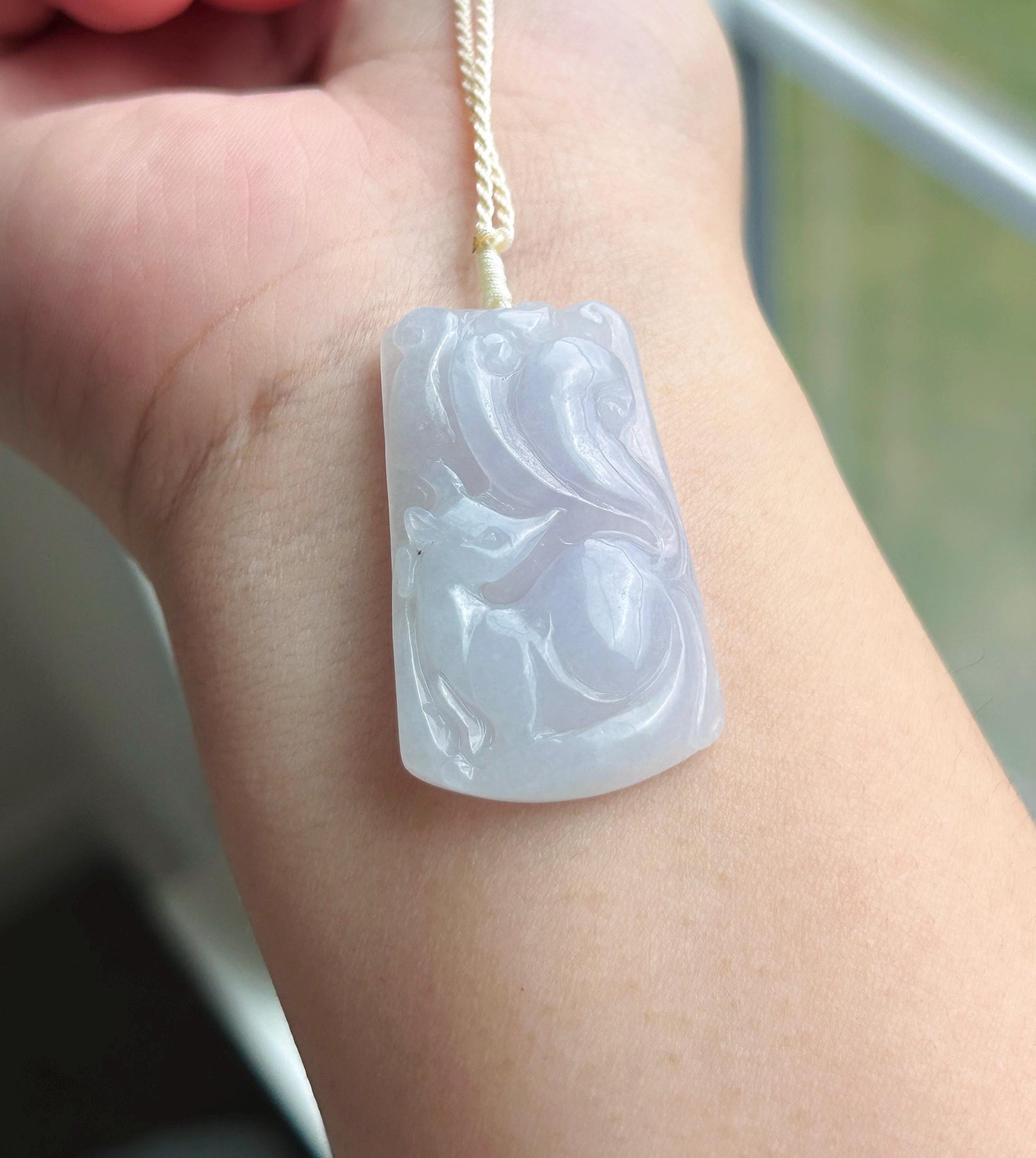 Certified Natural Jadeite Nine-Tail-Fox Pendant Handwoven Necklace Burmese Type A Icy Translucent Lavender Jade 38 x 23.6 x 6mm