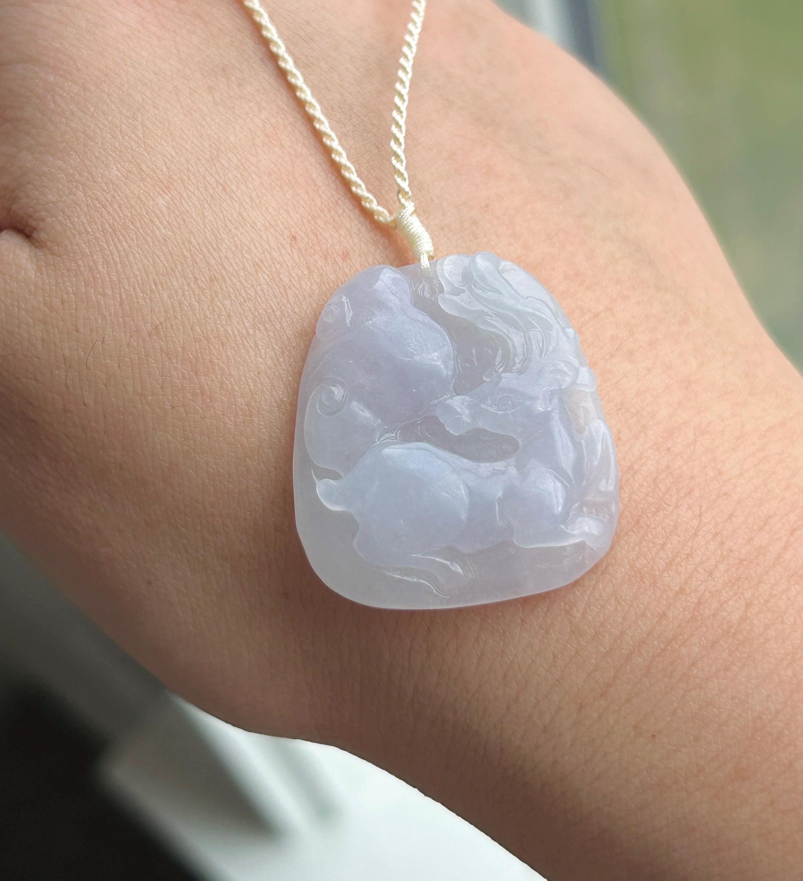 Certified Natural Jadeite Deer & RuYi Pendant Handwoven Necklace Burmese Type A Icy Translucent Lavender Jade 31 x 28 x 6mm