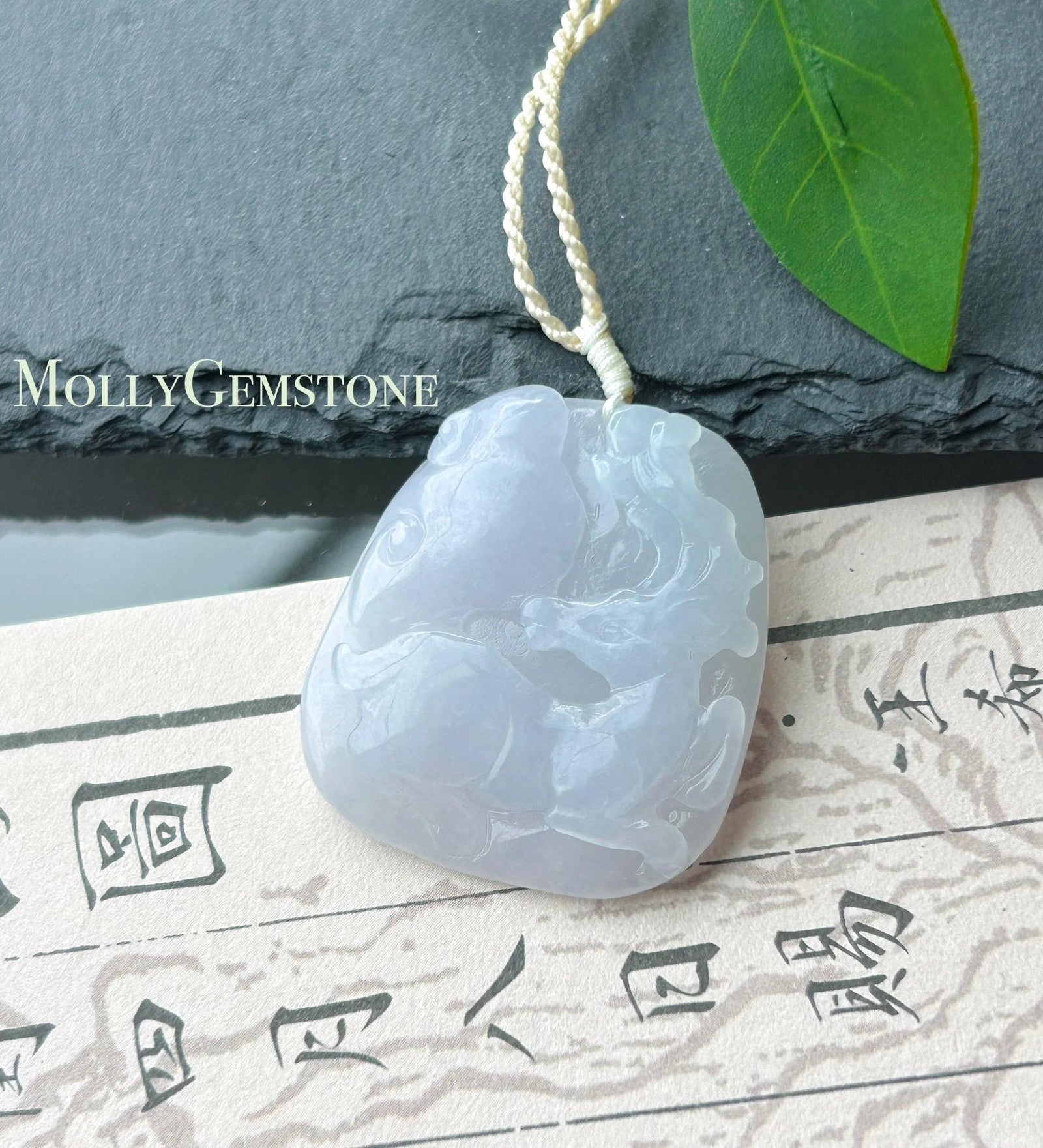 Certified Natural Jadeite Deer & RuYi Pendant Handwoven Necklace Burmese Type A Icy Translucent Lavender Jade 31 x 28 x 6mm