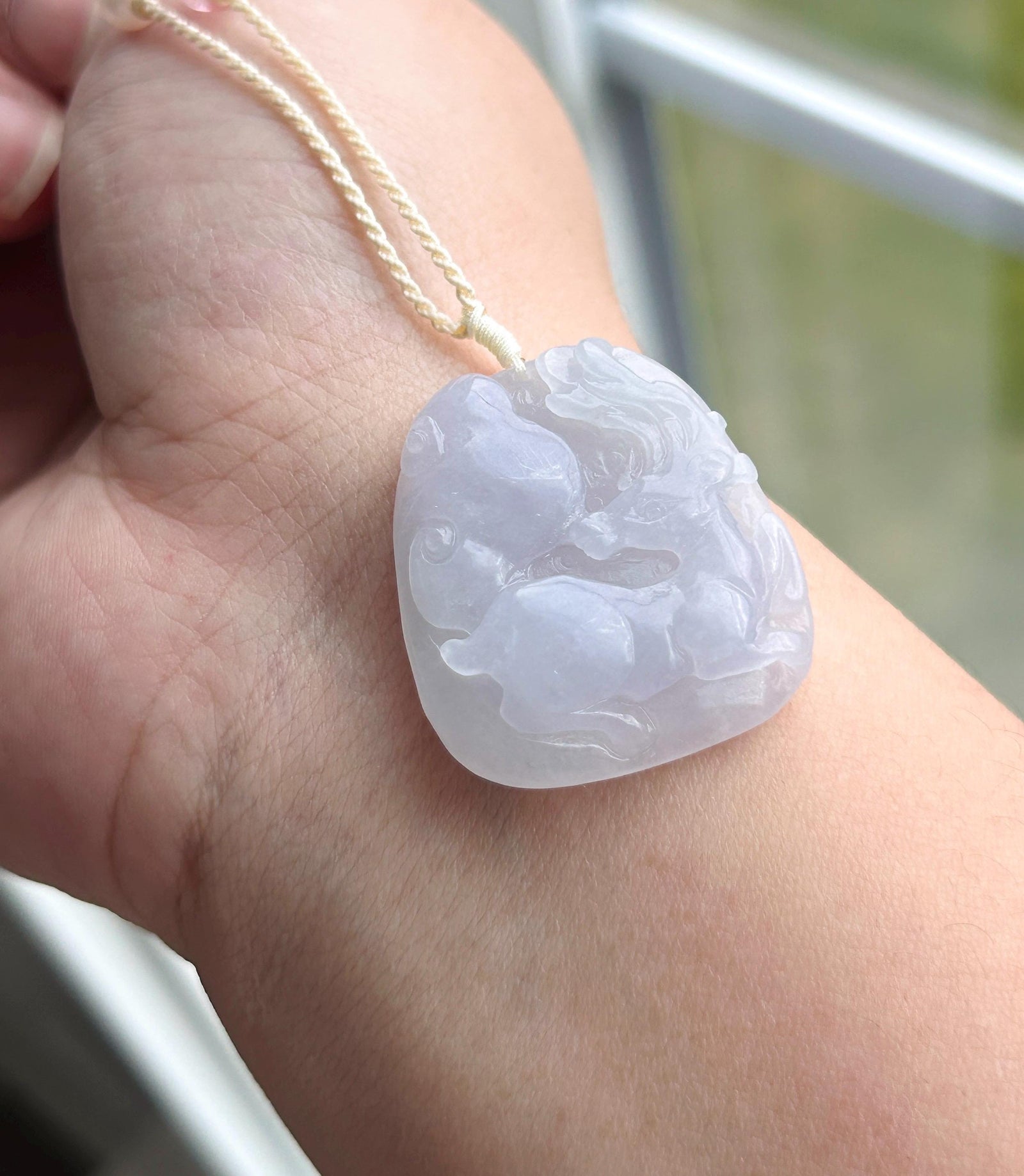 Certified Natural Jadeite Deer & RuYi Pendant Handwoven Necklace Burmese Type A Icy Translucent Lavender Jade 31 x 28 x 6mm