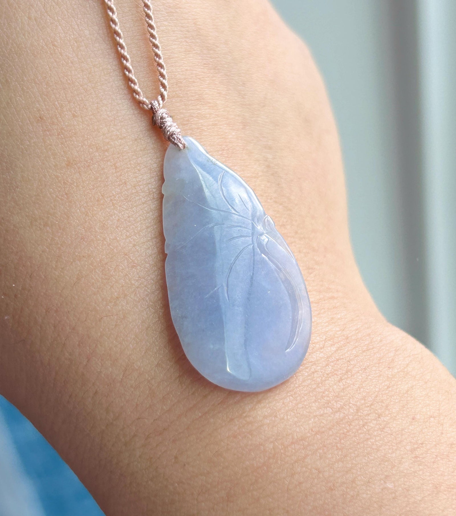Certified Natural Jadeite Lotus & Koi Fish Pendant Handwoven Necklace Burmese Type A Translucent Icy Vivid Lavender Jade 38.5 x 20.3 x 6.6mm