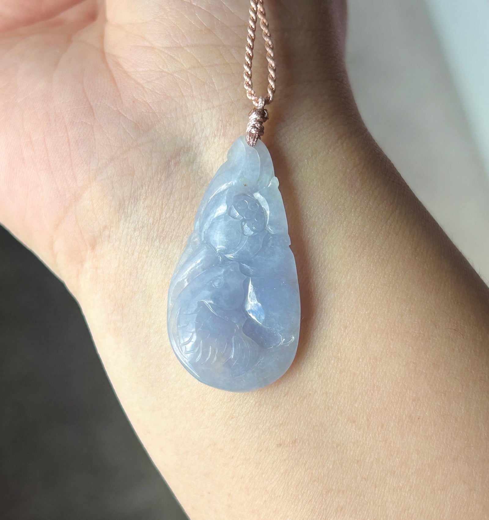 Certified Natural Jadeite Lotus & Koi Fish Pendant Handwoven Necklace Burmese Type A Translucent Icy Vivid Lavender Jade 38.5 x 20.3 x 6.6mm