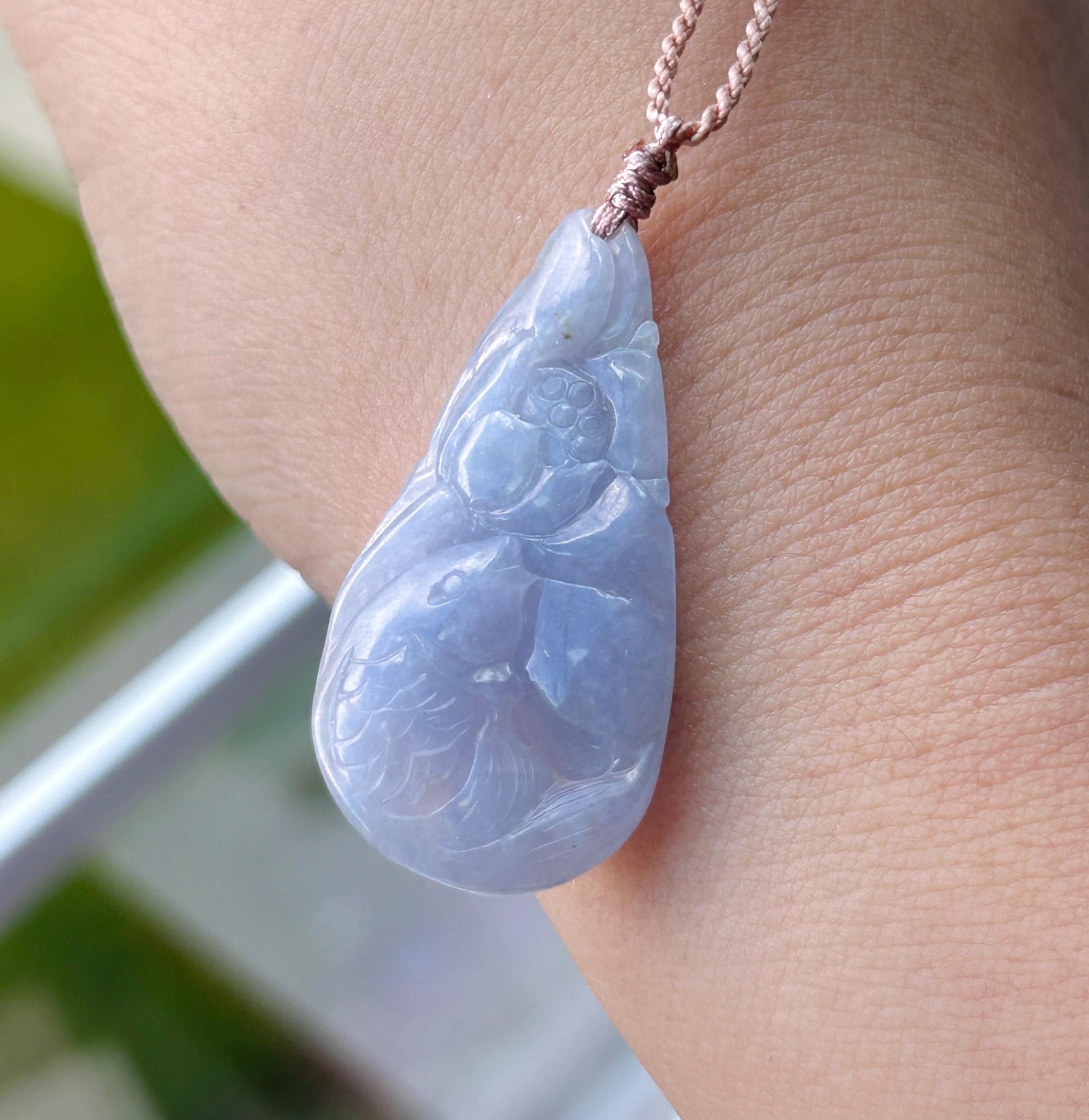 Certified Natural Jadeite Lotus & Koi Fish Pendant Handwoven Necklace Burmese Type A Translucent Icy Vivid Lavender Jade 38.5 x 20.3 x 6.6mm