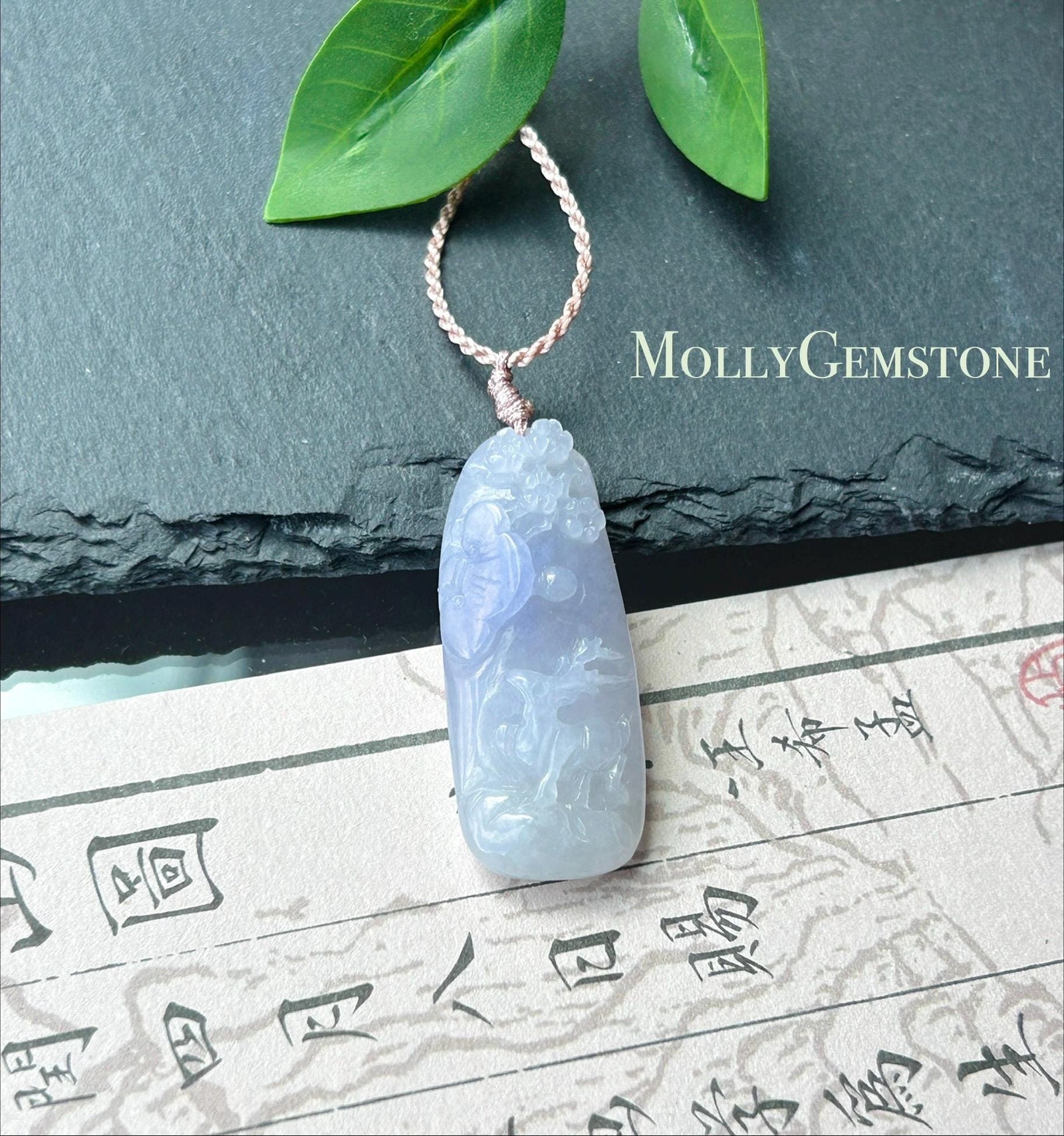 Certified Natural Jadeite Deer & Flowers Pendant Handwoven Necklace Burmese Type A Translucent Icy Lavender Jade 38 x 15.7 x 7mm