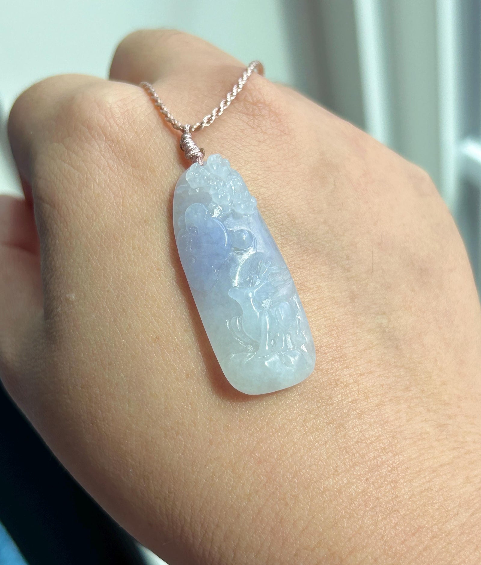 Certified Natural Jadeite Deer & Flowers Pendant Handwoven Necklace Burmese Type A Translucent Icy Lavender Jade 38 x 15.7 x 7mm