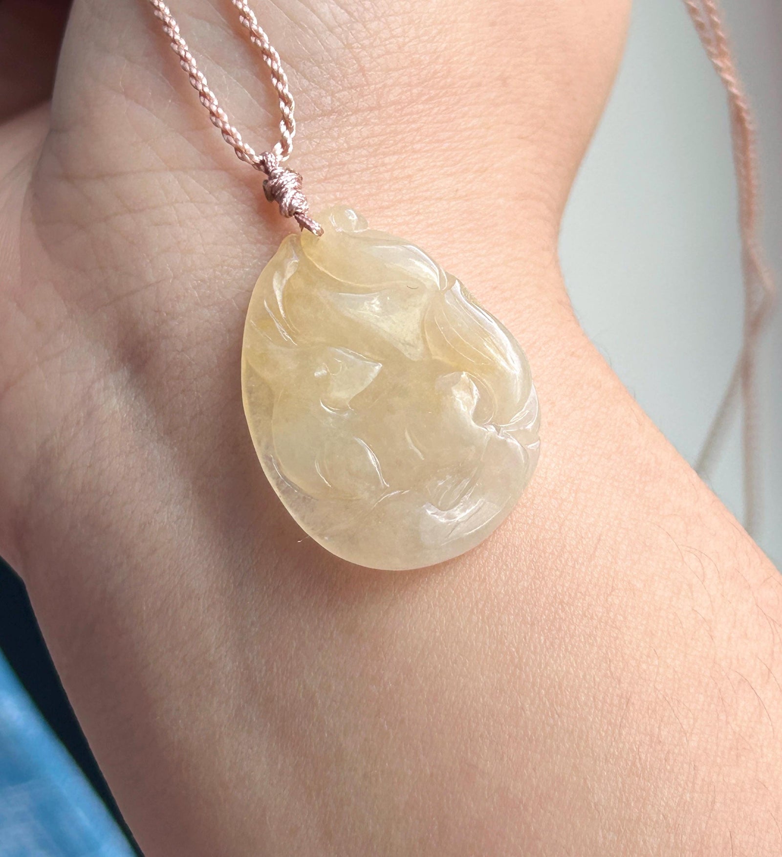 Certified Natural Jadeite Nine-Tail-Fox Pendant Handwoven Necklace Burmese Type A Icy Translucent Honey Yellow Jade 30 x 23 x 6mm