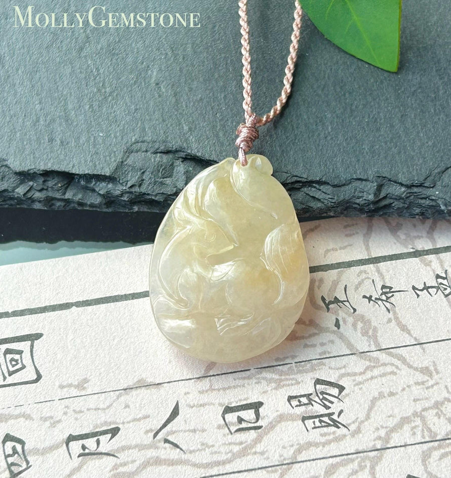 Certified Natural Jadeite Nine-Tail-Fox Pendant Handwoven Necklace Burmese Type A Icy Translucent Honey Yellow Jade 30 x 23 x 6mm