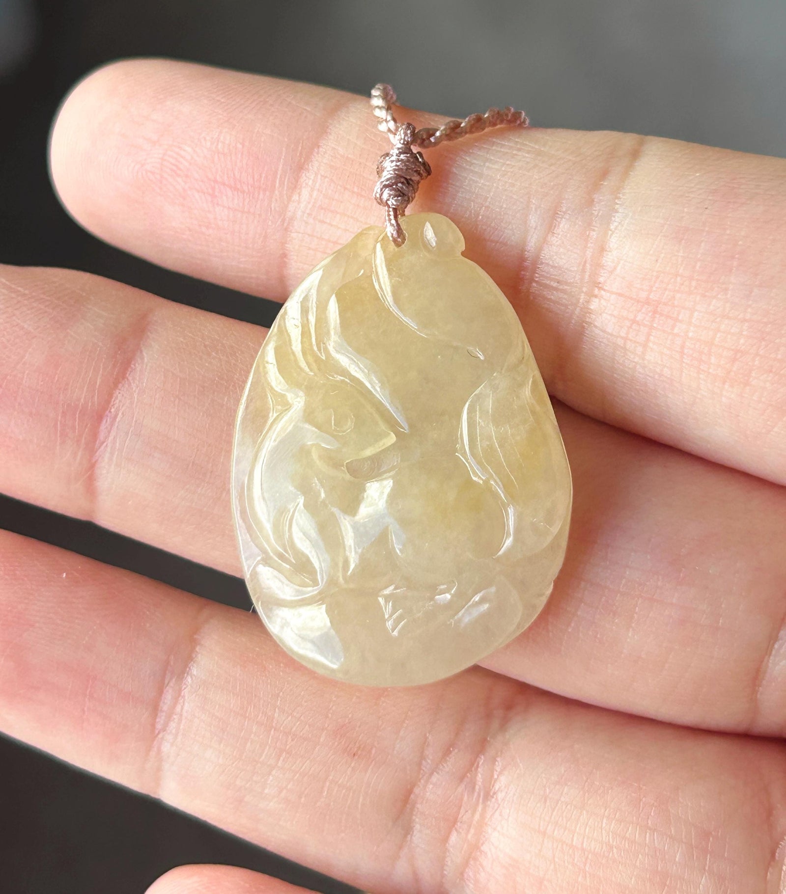 Certified Natural Jadeite Nine-Tail-Fox Pendant Handwoven Necklace Burmese Type A Icy Translucent Honey Yellow Jade 30 x 23 x 6mm
