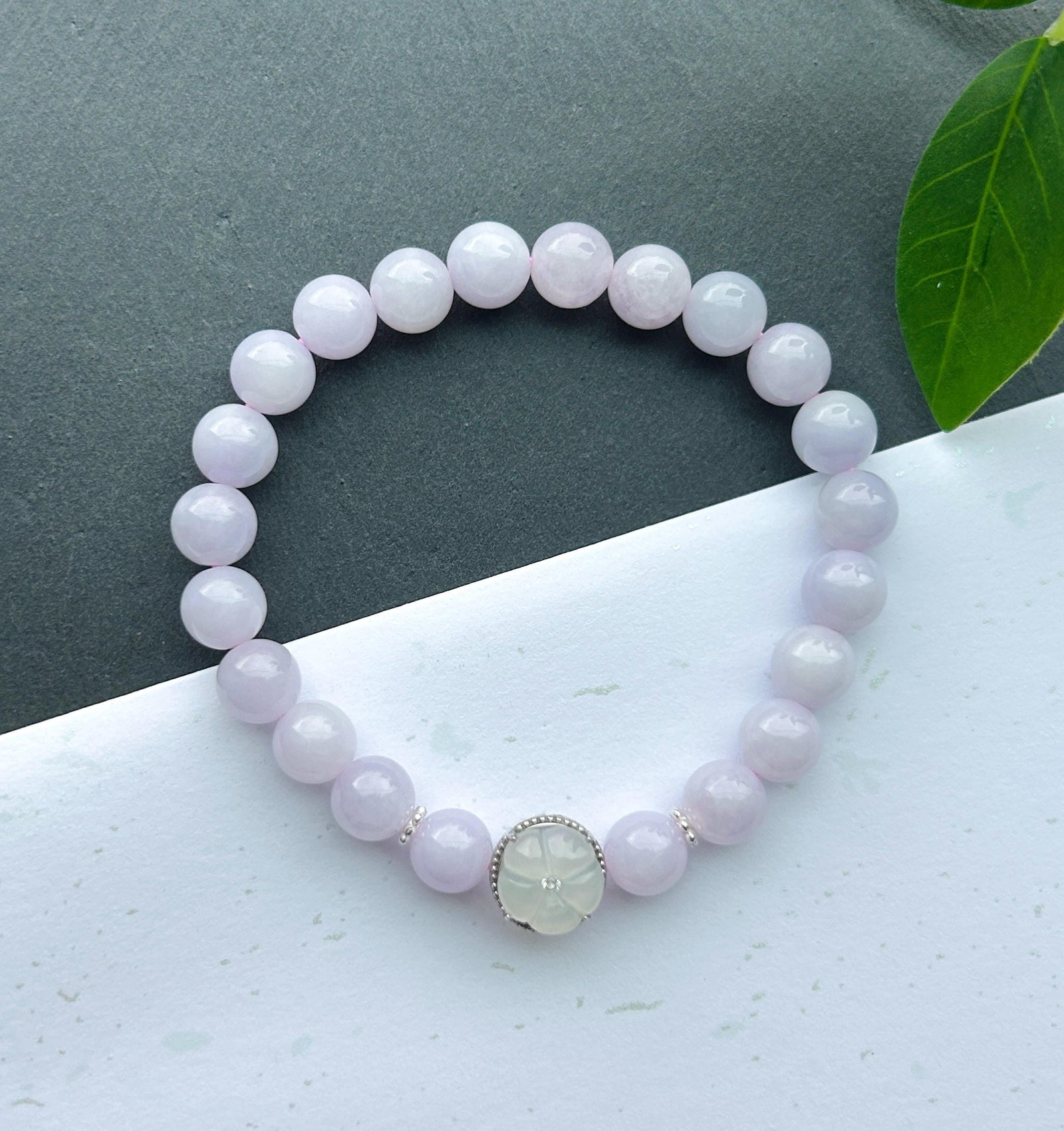 Natural Jadeite Beaded Bracelet Burmese Type A Icy Translucent Pink Lavender Jade 7.6mm | 925 Sterling Silver