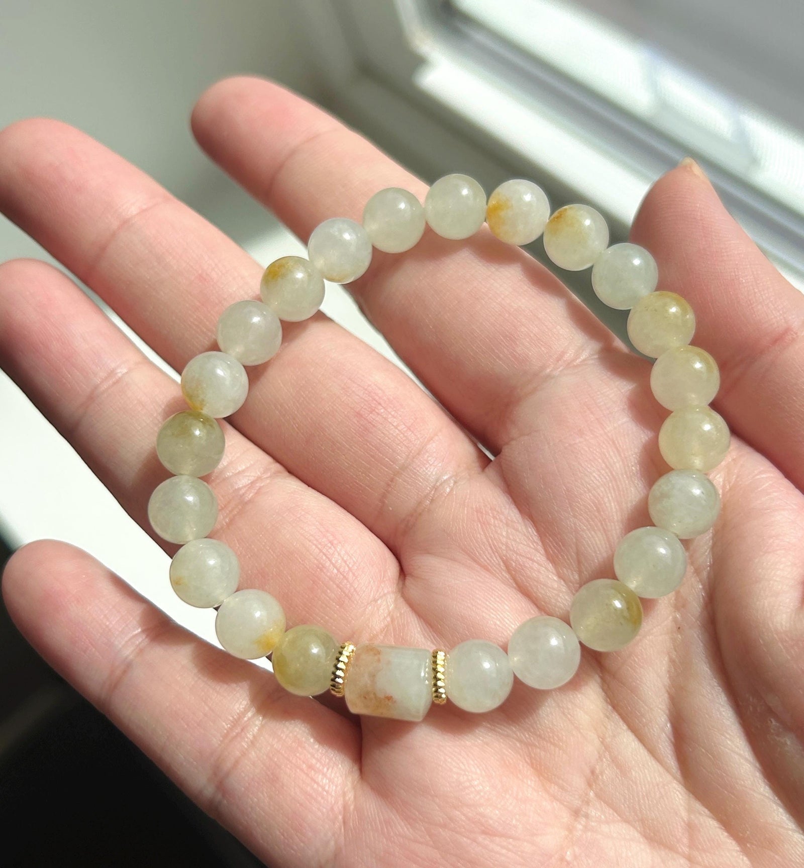 Natural Jadeite Beaded Bracelet | Burmese Type A Highly Translucent Icy Yellow & Red Floral 7.8mm | Minimalist Jewelry