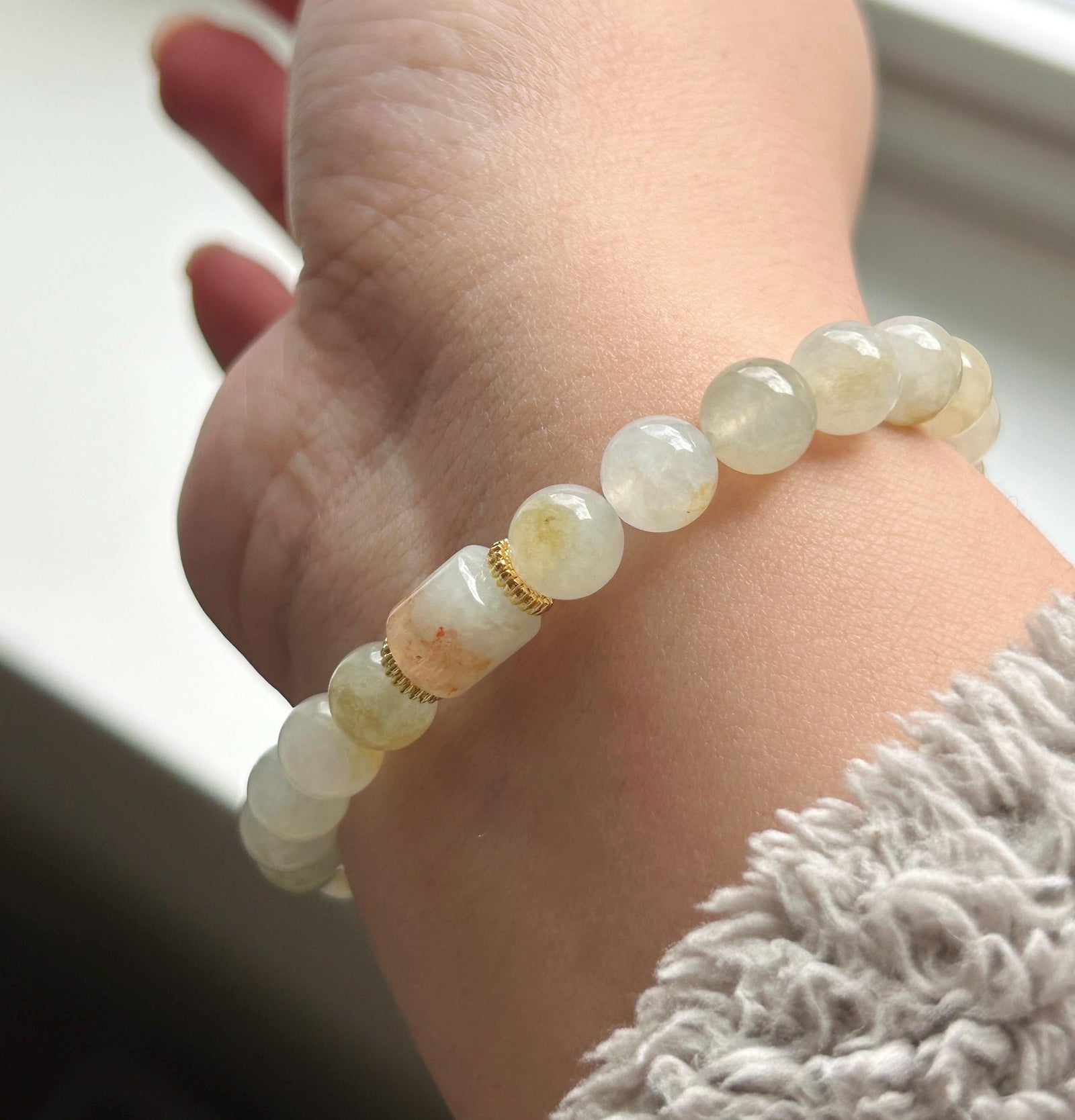 Natural Jadeite Beaded Bracelet | Burmese Type A Highly Translucent Icy Yellow & Red Floral 7.8mm | Minimalist Jewelry