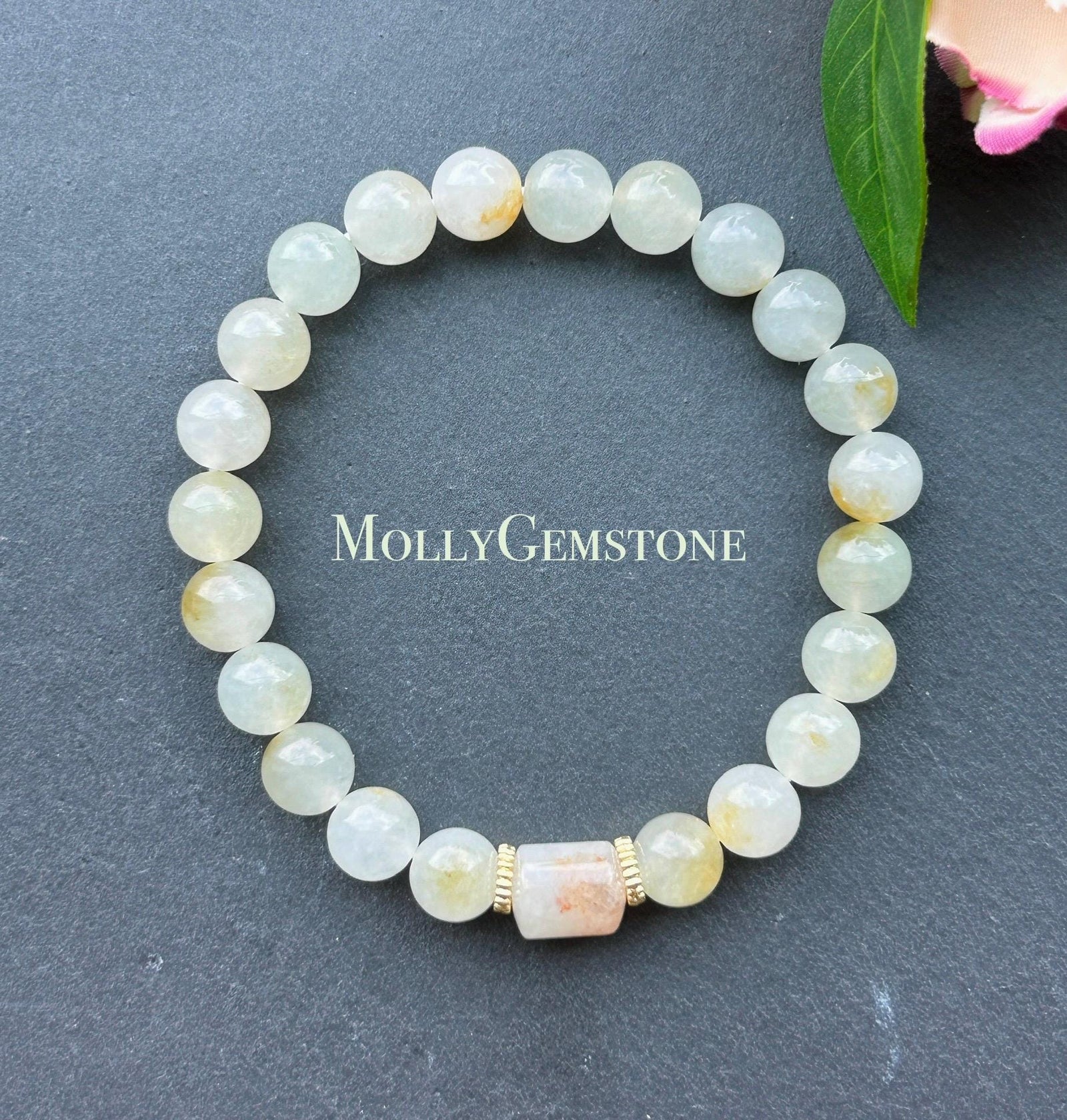 Natural Jadeite Beaded Bracelet | Burmese Type A Highly Translucent Icy Yellow & Red Floral 7.8mm | Minimalist Jewelry