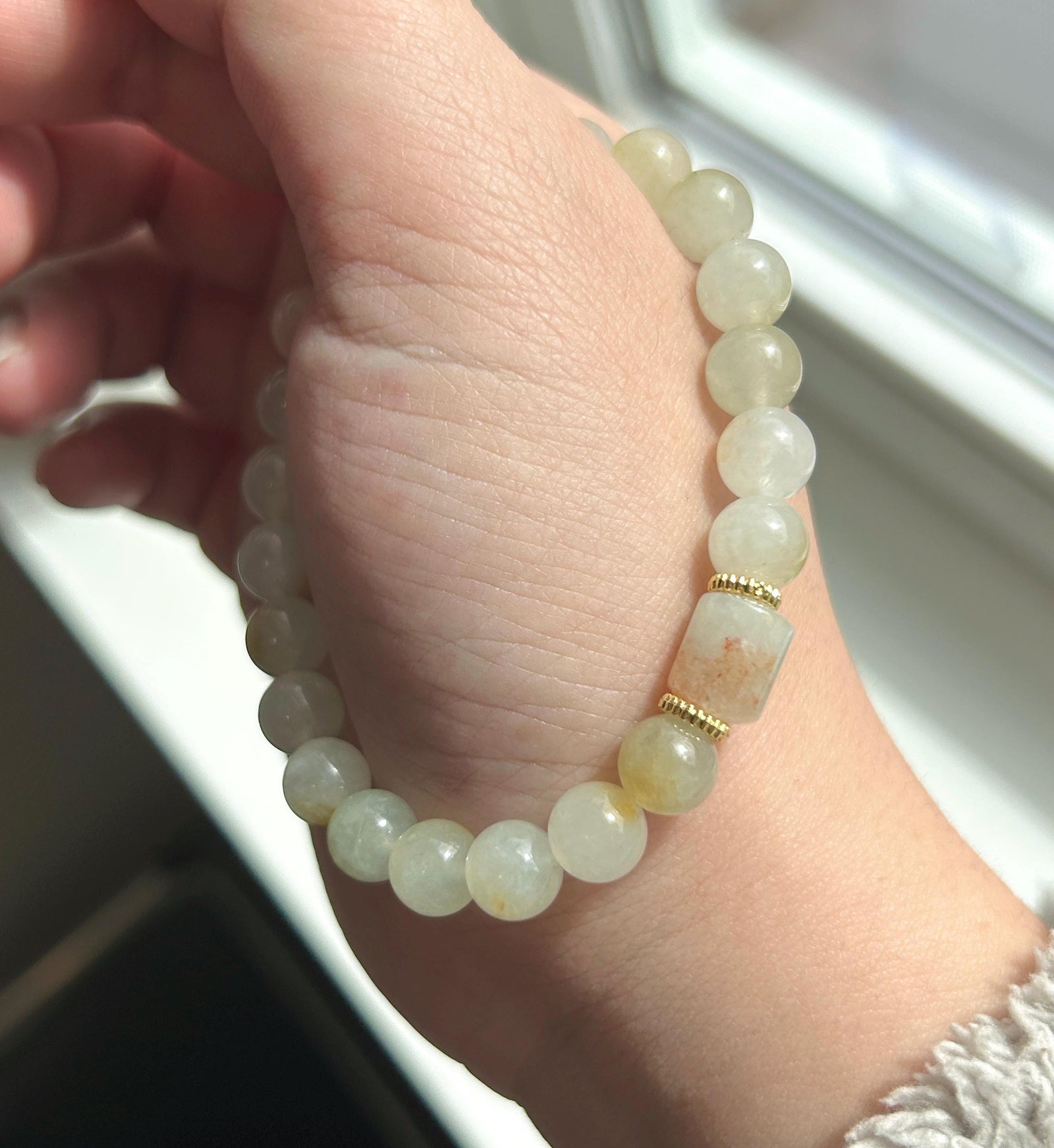 Natural Jadeite Beaded Bracelet | Burmese Type A Highly Translucent Icy Yellow & Red Floral 7.8mm | Minimalist Jewelry