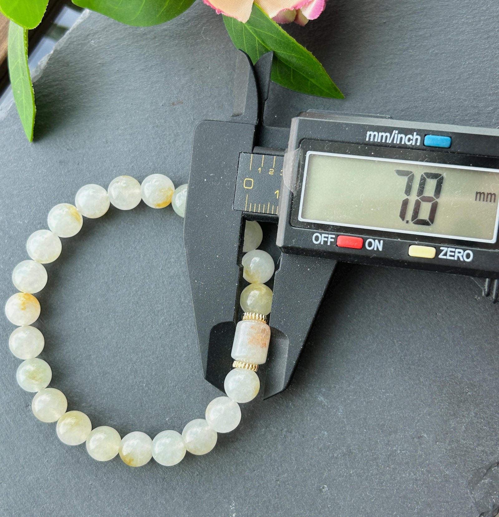 Natural Jadeite Beaded Bracelet | Burmese Type A Highly Translucent Icy Yellow & Red Floral 7.8mm | Minimalist Jewelry