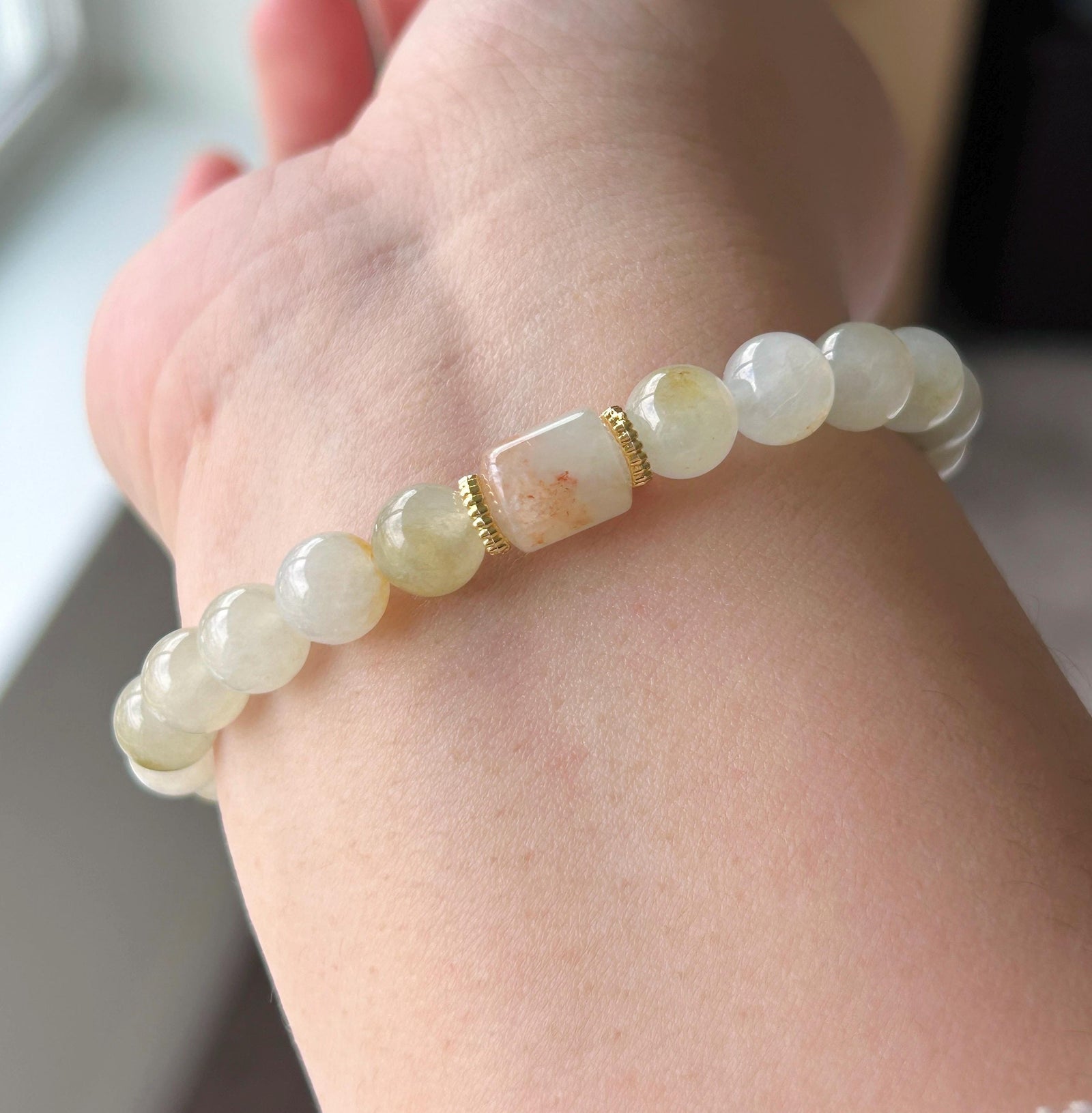 Natural Jadeite Beaded Bracelet | Burmese Type A Highly Translucent Icy Yellow & Red Floral 7.8mm | Minimalist Jewelry